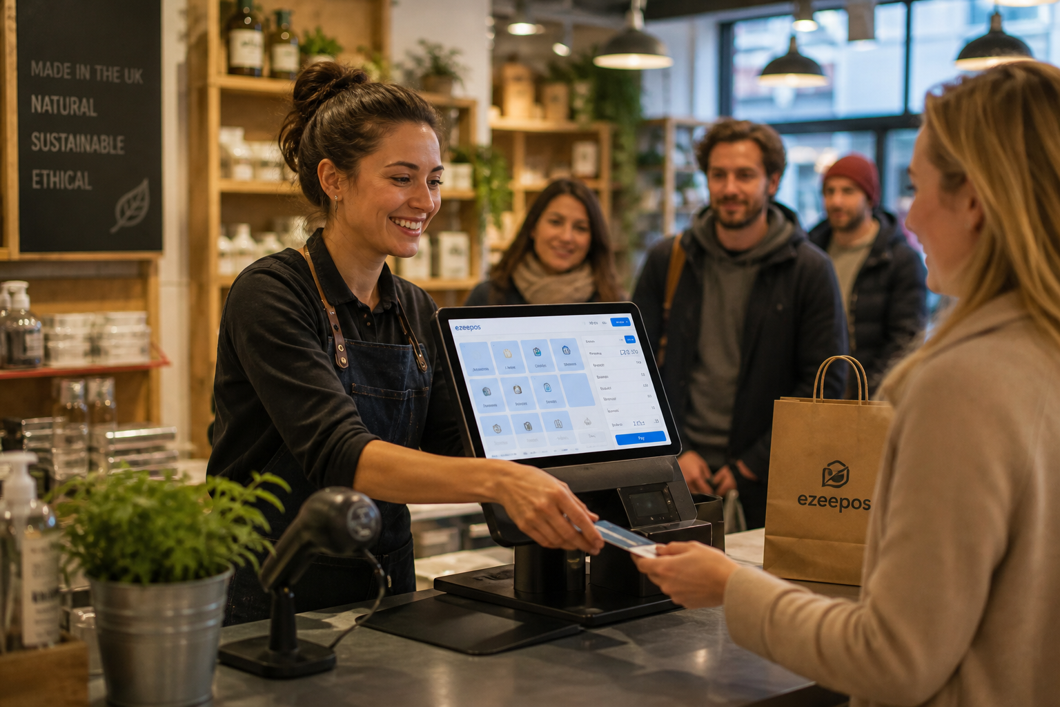 Reducing Queues at the Checkout: Practical EPOS Tips for UK Retailers, photorealistic commercial photography style image of a modern independent UK retail shop counter during a busy period, with a friendly staff member serving a customer while a clear touchscreen EPOS terminal is being used at the till, a barcode scanner and tidy counter area visible, subtle blue interface accents on the screen, a short queue in the background without looking crowded, realistic product displays and warm natural lighting, shallow depth of field, premium but believable composition, professional blog hero image for ezeepos focused on checkout speed, smoother service and reducing waiting times in a real retail environment