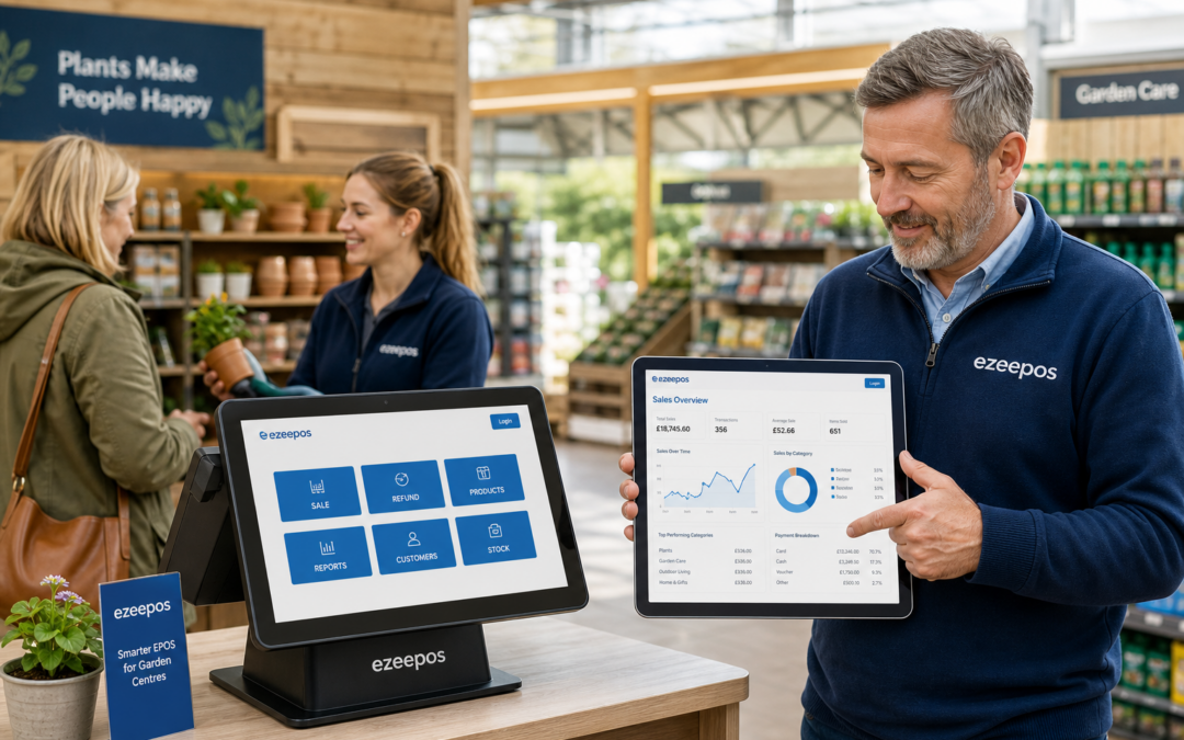 How ePOS Reporting Helps Garden Centres Make Better Day-to-Day Decisions, a photorealistic commercial photography style image of a UK garden centre counter area with a modern touchscreen EPOS terminal and a tablet showing clear sales dashboard charts, a friendly manager reviewing daily performance data while a staff member serves a customer in the background, seasonal plants and garden products subtly visible, warm natural daylight, clean and organised counter, subtle blue brand accents on the screen interface and signage, premium realistic composition, shallow depth of field, professional blog hero image for ezeepos, technology and business decision-making as the main focus, realistic UK retail environment, no clutter, no abstract graphics