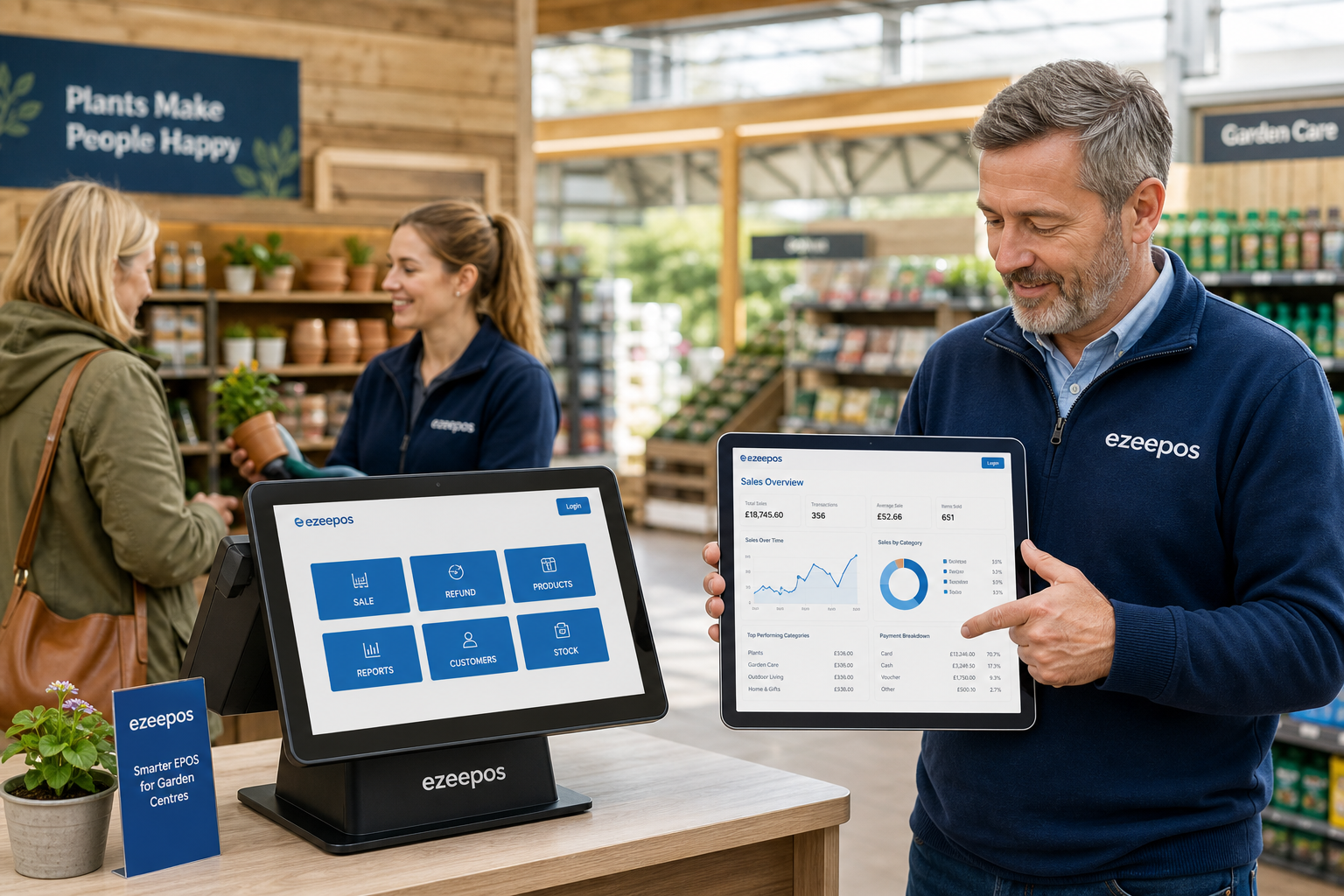 How ePOS Reporting Helps Garden Centres Make Better Day-to-Day Decisions, a photorealistic commercial photography style image of a UK garden centre counter area with a modern touchscreen EPOS terminal and a tablet showing clear sales dashboard charts, a friendly manager reviewing daily performance data while a staff member serves a customer in the background, seasonal plants and garden products subtly visible, warm natural daylight, clean and organised counter, subtle blue brand accents on the screen interface and signage, premium realistic composition, shallow depth of field, professional blog hero image for ezeepos, technology and business decision-making as the main focus, realistic UK retail environment, no clutter, no abstract graphics