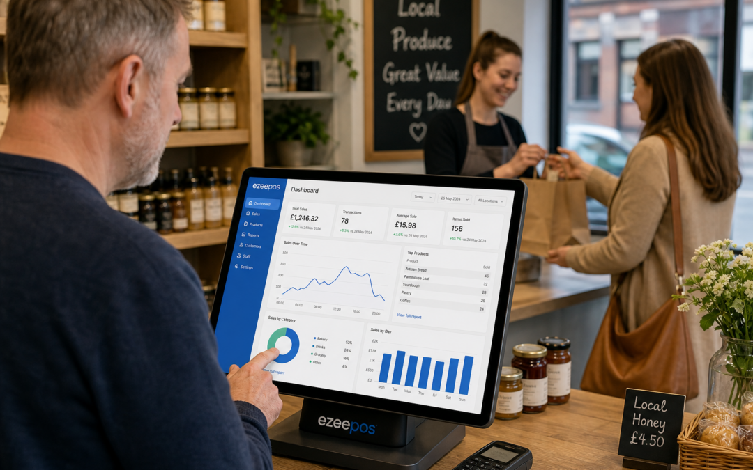 How ePOS Reporting Helps Small Shops Make Smarter Day-to-Day Decisions: A photorealistic commercial photography style image of a modern UK independent shop counter, with a friendly shop owner reviewing clear sales reporting charts on a sleek touchscreen EPOS terminal while a staff member serves a customer in the background. The screen should show clean, readable dashboard-style graphs and sales summaries with subtle blue brand accents, suggesting practical reporting for day-to-day decisions. The setting should feel warm, professional and realistic, with neatly arranged products, a tidy counter, natural lighting, shallow depth of field and a premium but authentic UK retail atmosphere. The focus should be on the EPOS screen and the owner using reporting to understand trading patterns, making the image suitable as a WordPress featured image for ezeepos.