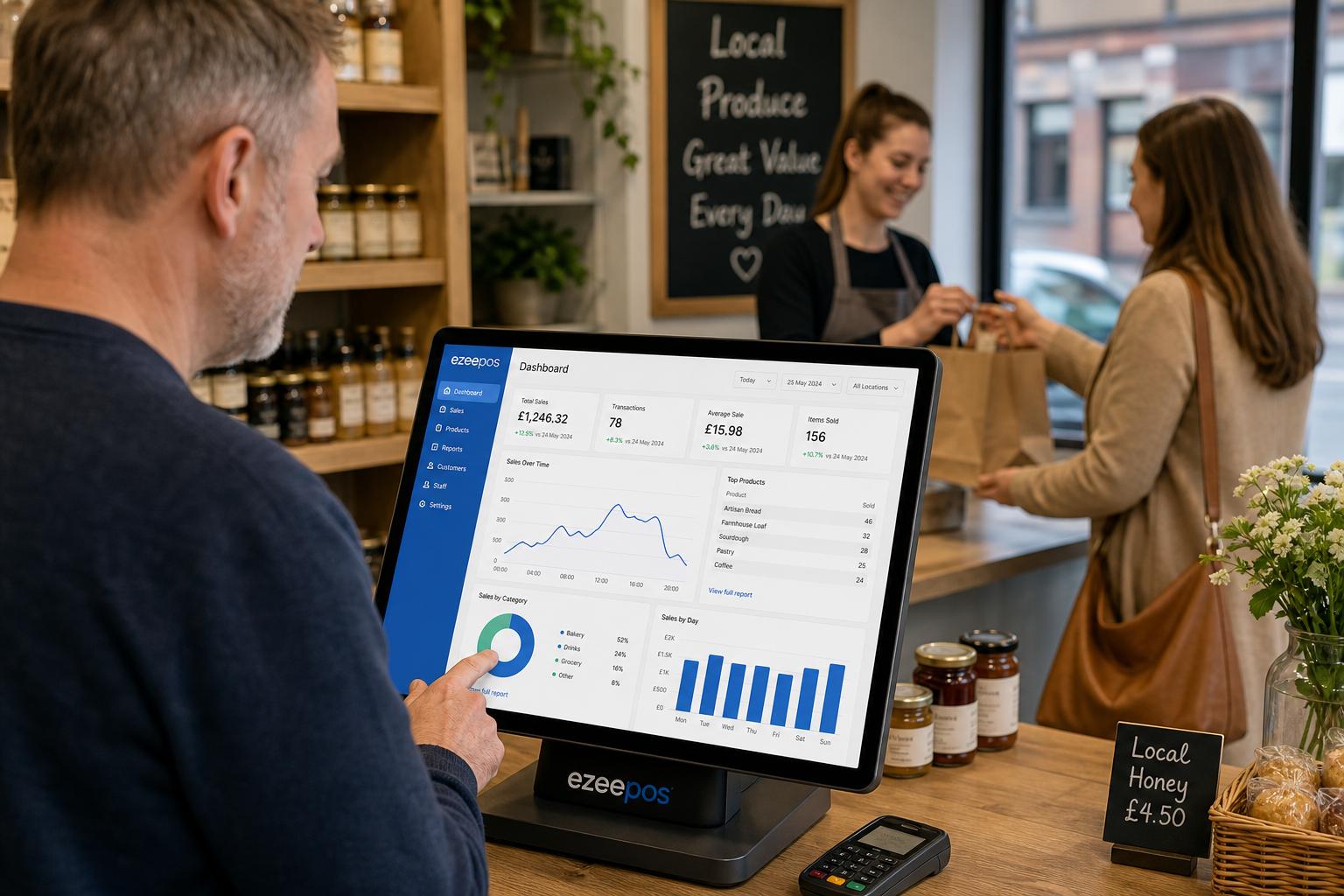 How ePOS Reporting Helps Small Shops Make Smarter Day-to-Day Decisions: A photorealistic commercial photography style image of a modern UK independent shop counter, with a friendly shop owner reviewing clear sales reporting charts on a sleek touchscreen EPOS terminal while a staff member serves a customer in the background. The screen should show clean, readable dashboard-style graphs and sales summaries with subtle blue brand accents, suggesting practical reporting for day-to-day decisions. The setting should feel warm, professional and realistic, with neatly arranged products, a tidy counter, natural lighting, shallow depth of field and a premium but authentic UK retail atmosphere. The focus should be on the EPOS screen and the owner using reporting to understand trading patterns, making the image suitable as a WordPress featured image for ezeepos.