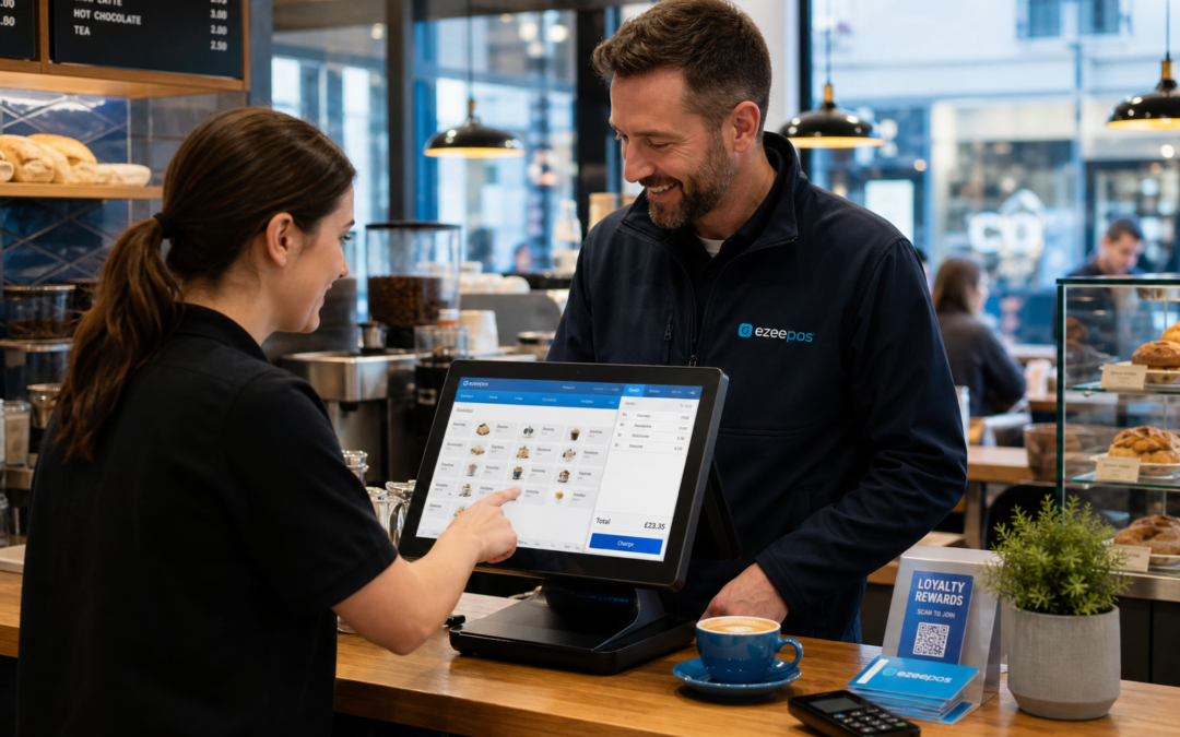 Why Local EPOS Support Still Matters for Busy UK Businesses, photorealistic commercial photography style image for a WordPress blog hero banner showing a warm, modern UK café or independent shop counter where a friendly EPOS specialist is helping a business owner or staff member on a touchscreen POS terminal, with a clear but realistic business interface visible on the screen, subtle blue brand accents in the UI and surroundings, a calm yet busy trading atmosphere, natural lighting, shallow depth of field, clean counter area, professional and premium composition, realistic UK retail or hospitality environment, technology and support interaction as the focus, suitable as a featured image for ezeepos, with no distorted logos or generic stock-photo feel