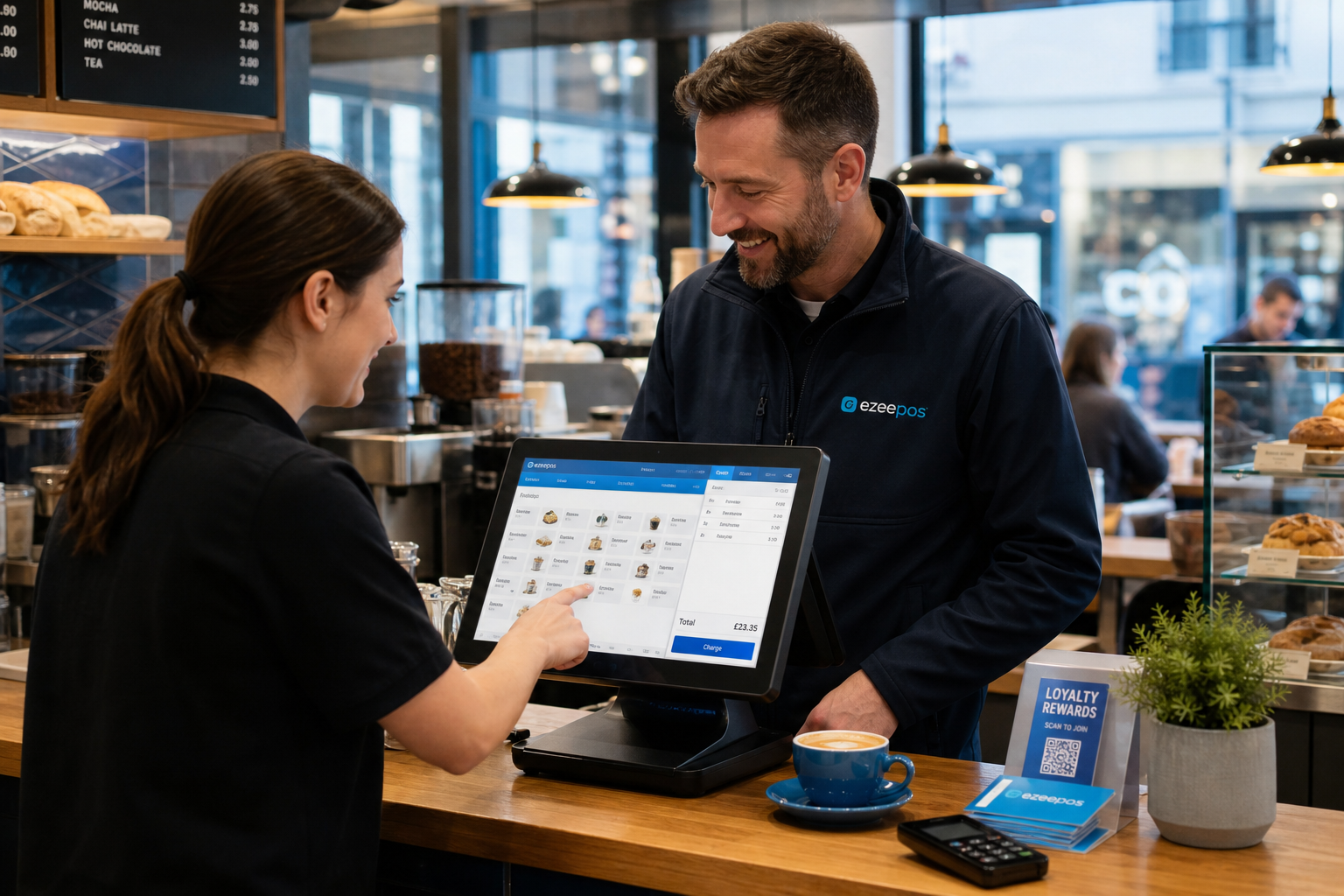 Why Local EPOS Support Still Matters for Busy UK Businesses, photorealistic commercial photography style image for a WordPress blog hero banner showing a warm, modern UK café or independent shop counter where a friendly EPOS specialist is helping a business owner or staff member on a touchscreen POS terminal, with a clear but realistic business interface visible on the screen, subtle blue brand accents in the UI and surroundings, a calm yet busy trading atmosphere, natural lighting, shallow depth of field, clean counter area, professional and premium composition, realistic UK retail or hospitality environment, technology and support interaction as the focus, suitable as a featured image for ezeepos, with no distorted logos or generic stock-photo feel