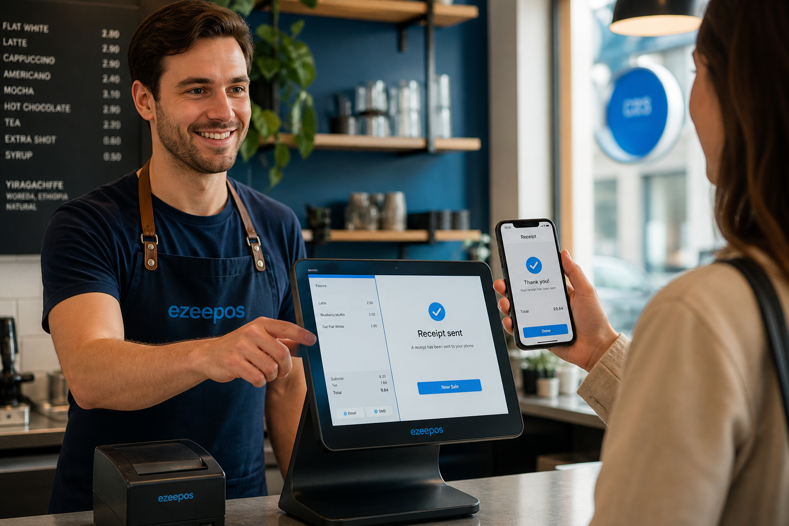 Why Digital Receipts Are a Smart Upgrade for UK Retail and Hospitality Businesses, photorealistic commercial photography of a modern UK cafe or independent shop counter with a friendly staff member using a sleek touchscreen EPOS terminal to send a digital receipt to a customer's smartphone, the phone screen clearly showing a simple receipt confirmation and subtle blue interface accents, a clean counter area with a receipt printer nearby but secondary in focus, warm natural lighting, shallow depth of field, premium realistic composition, professional blog hero image for ezeepos, subtle blue brand details in the screen interface and store accents, realistic customer interaction, technology clearly central to the scene, suitable for a WordPress featured image