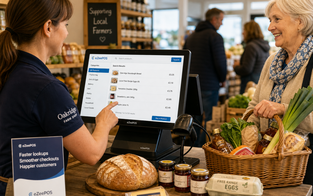 Why Product Lookup Matters for Busy Farm Shop Checkouts, photorealistic commercial photography style of a modern UK farm shop checkout counter during a busy daytime rush, a friendly staff member using an eZeePOS-style touchscreen POS terminal to search for a mixed product range while a customer waits with a basket of local produce, deli items and seasonal goods, the POS screen clearly showing a simple product lookup interface with categories and item search results, subtle blue brand accents on the interface and nearby signage, clean counter area with fresh bread, jars, produce and a barcode scanner visible, warm natural lighting, shallow depth of field, premium but realistic composition, professional website hero image, focused on the technology and efficient checkout experience, suitable for a WordPress featured image.