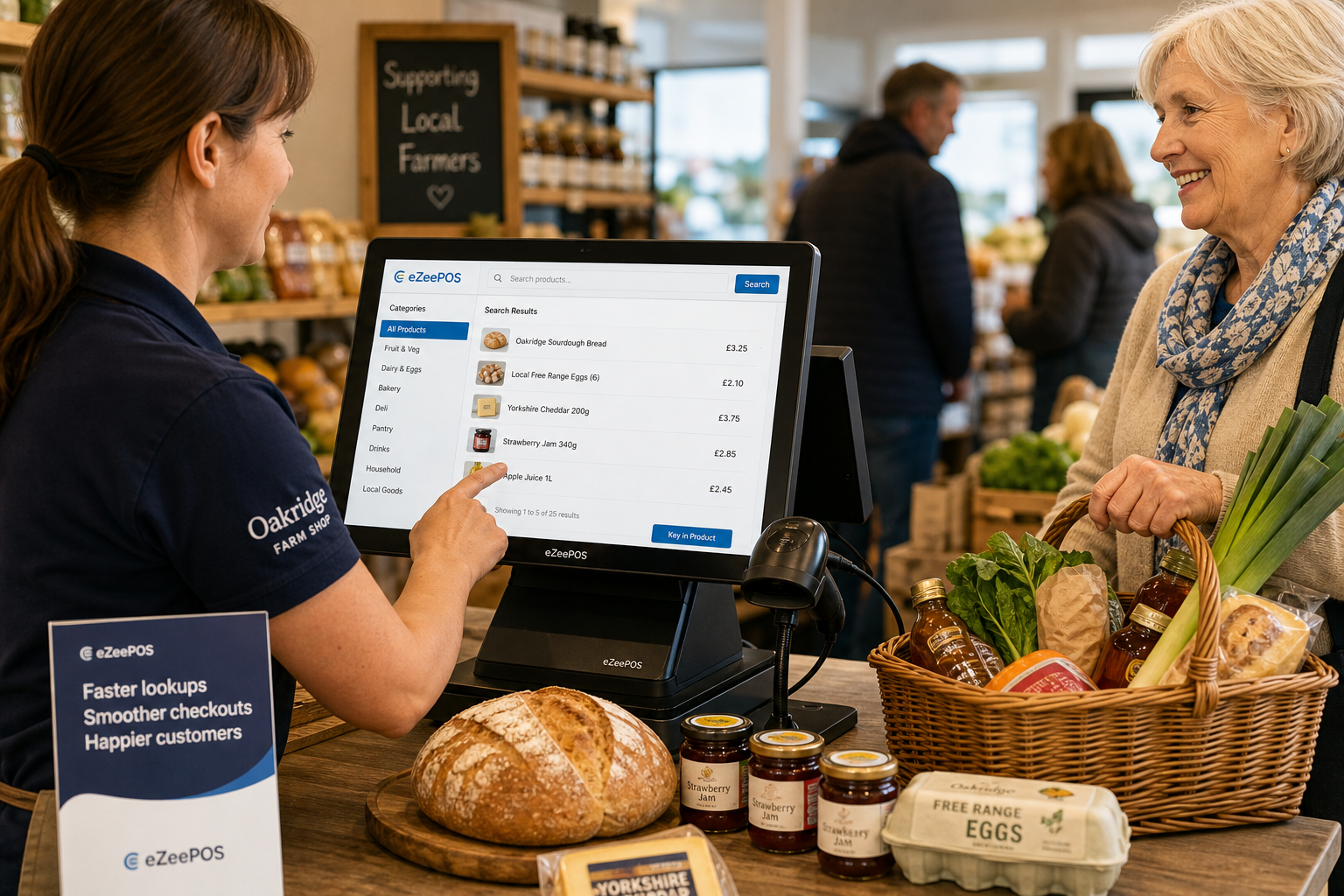 Why Product Lookup Matters for Busy Farm Shop Checkouts, photorealistic commercial photography style of a modern UK farm shop checkout counter during a busy daytime rush, a friendly staff member using an eZeePOS-style touchscreen POS terminal to search for a mixed product range while a customer waits with a basket of local produce, deli items and seasonal goods, the POS screen clearly showing a simple product lookup interface with categories and item search results, subtle blue brand accents on the interface and nearby signage, clean counter area with fresh bread, jars, produce and a barcode scanner visible, warm natural lighting, shallow depth of field, premium but realistic composition, professional website hero image, focused on the technology and efficient checkout experience, suitable for a WordPress featured image.