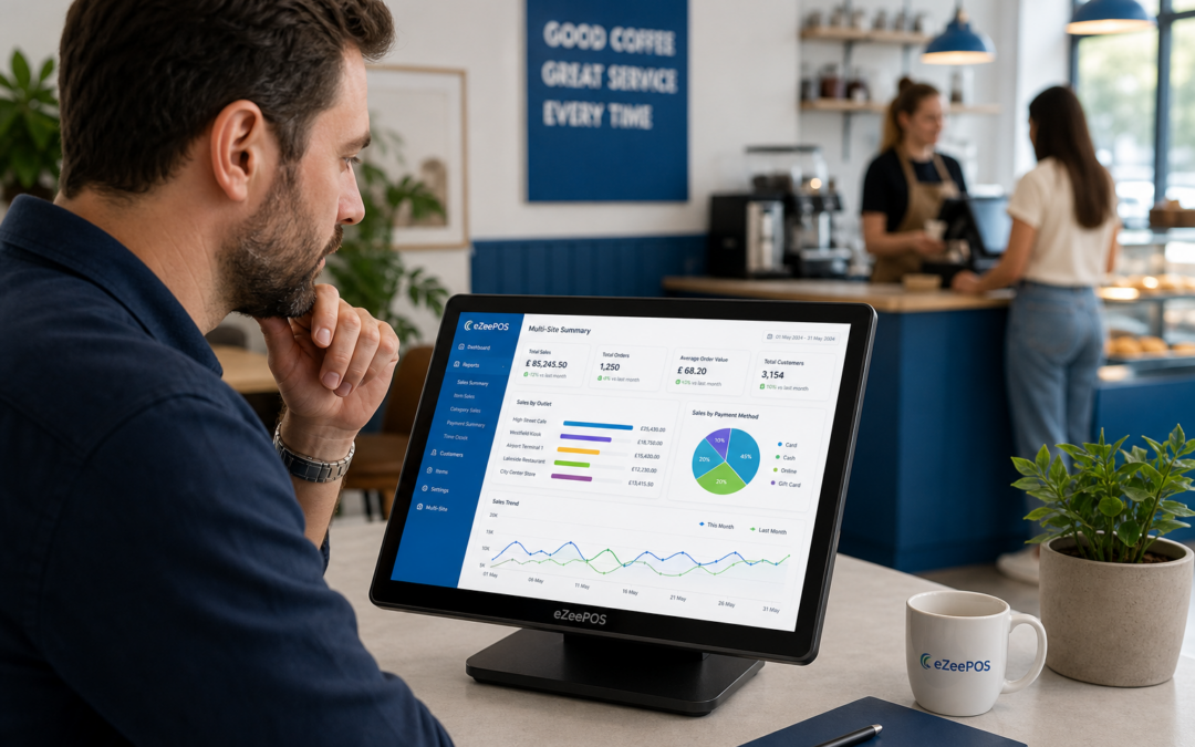 Why Multi-Site Reporting Matters for Growing Retail and Hospitality Businesses, photorealistic commercial photography style featuring a UK retail or hospitality business owner reviewing a multi-site sales dashboard on a modern eZeePOS-style touchscreen POS terminal in a bright, contemporary cafe or shop office area, with a second location hinted at subtly in the background through a blurred counter and staff serving customers, clear reporting charts and branch comparisons visible on the screen, subtle blue brand accents in the interface and decor, clean counter space, natural lighting, shallow depth of field, premium but realistic composition, professional website hero image for ezeepos, calm focused mood, technology and reporting as the main subject, suitable for a WordPress featured image