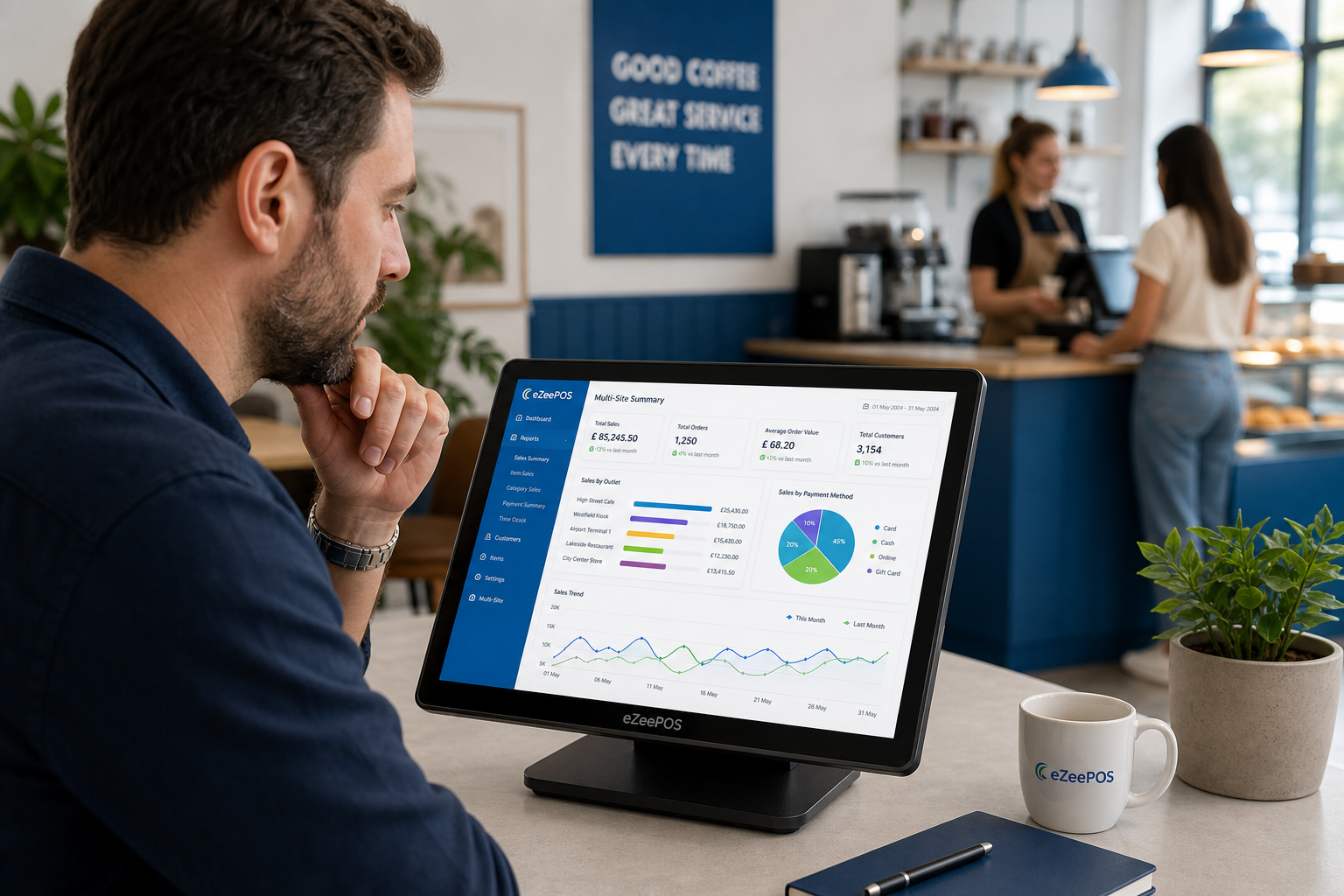 Why Multi-Site Reporting Matters for Growing Retail and Hospitality Businesses, photorealistic commercial photography style featuring a UK retail or hospitality business owner reviewing a multi-site sales dashboard on a modern eZeePOS-style touchscreen POS terminal in a bright, contemporary cafe or shop office area, with a second location hinted at subtly in the background through a blurred counter and staff serving customers, clear reporting charts and branch comparisons visible on the screen, subtle blue brand accents in the interface and decor, clean counter space, natural lighting, shallow depth of field, premium but realistic composition, professional website hero image for ezeepos, calm focused mood, technology and reporting as the main subject, suitable for a WordPress featured image