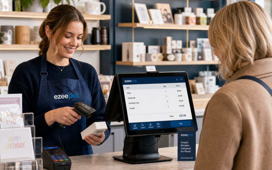 Barcode Scanning for Faster Retail Checkouts: Why It Still Matters - Photorealistic commercial photography style in a modern UK independent retail shop, showing a friendly staff member serving a customer at a clean counter with a touchscreen EPOS terminal and a barcode scanner actively scanning a product; visible shop items such as cards, small retail products and neatly arranged merchandise in the background; subtle blue brand accents on the screen interface and small signage; warm natural lighting, shallow depth of field, premium but realistic composition, professional website hero image for ezeepos, technology clearly the focus, realistic till workflow, clean counter area, approachable and efficient atmosphere, suitable for a WordPress featured image.