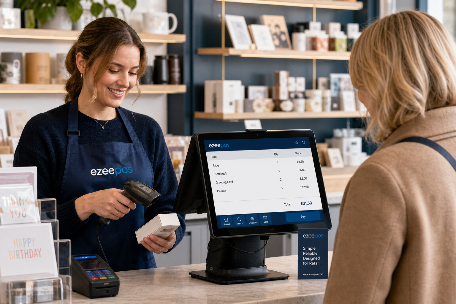 Barcode Scanning for Faster Retail Checkouts: Why It Still Matters - Photorealistic commercial photography style in a modern UK independent retail shop, showing a friendly staff member serving a customer at a clean counter with a touchscreen EPOS terminal and a barcode scanner actively scanning a product; visible shop items such as cards, small retail products and neatly arranged merchandise in the background; subtle blue brand accents on the screen interface and small signage; warm natural lighting, shallow depth of field, premium but realistic composition, professional website hero image for ezeepos, technology clearly the focus, realistic till workflow, clean counter area, approachable and efficient atmosphere, suitable for a WordPress featured image.