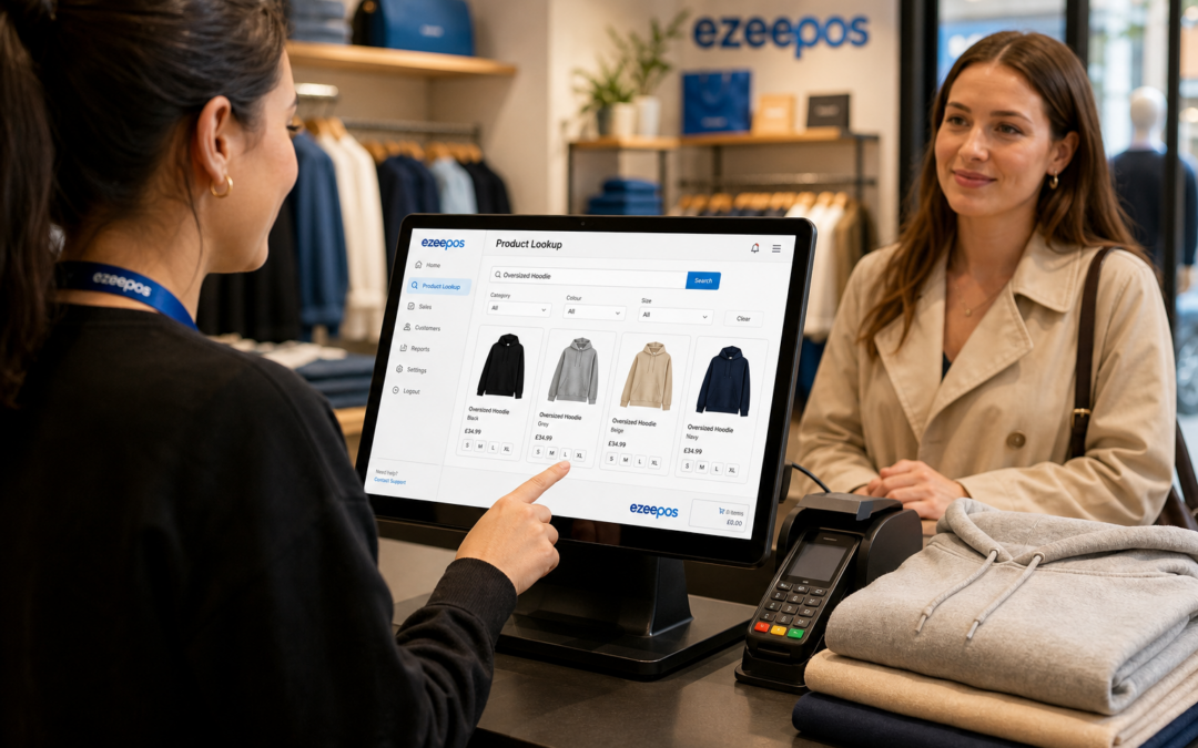 Why Product Lookup Matters for Busy Fashion and Clothing Shop Checkouts. Photorealistic commercial photography of a modern UK fashion and clothing shop checkout counter during a busy afternoon, with a friendly staff member using an ezeepos-style touchscreen POS terminal to quickly search for a clothing item in a neat on-screen product lookup menu. Show folded garments, hanging rail apparel, size and colour variations implied by the screen, a customer waiting calmly at the counter, and subtle blue brand accents on the interface and store details. Warm natural lighting, shallow depth of field, clean premium retail environment, realistic counter space, professional composition, customer service focused, the POS screen clearly visible as the main technology element, suitable as a WordPress featured image.