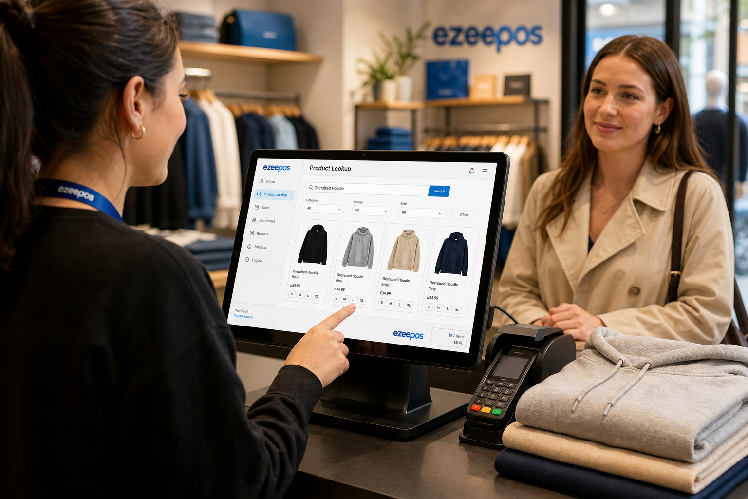 Why Product Lookup Matters for Busy Fashion and Clothing Shop Checkouts. Photorealistic commercial photography of a modern UK fashion and clothing shop checkout counter during a busy afternoon, with a friendly staff member using an ezeepos-style touchscreen POS terminal to quickly search for a clothing item in a neat on-screen product lookup menu. Show folded garments, hanging rail apparel, size and colour variations implied by the screen, a customer waiting calmly at the counter, and subtle blue brand accents on the interface and store details. Warm natural lighting, shallow depth of field, clean premium retail environment, realistic counter space, professional composition, customer service focused, the POS screen clearly visible as the main technology element, suitable as a WordPress featured image.
