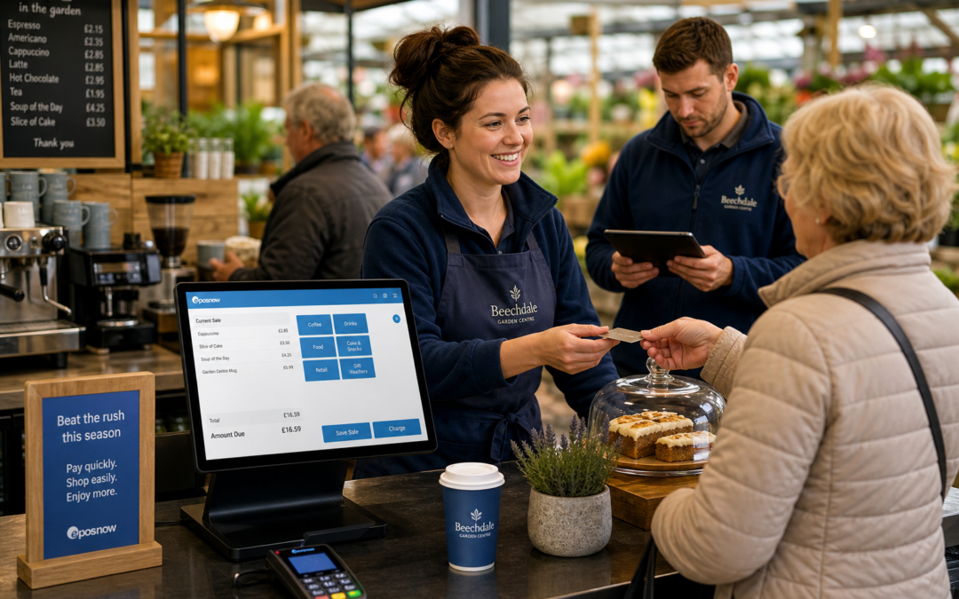 Managing Busy Seasonal Trading Periods with Better EPOS Planning, a photorealistic commercial photography style image of a busy UK garden centre café or independent retail counter during a seasonal rush, with a modern touchscreen EPOS terminal clearly visible on the counter showing a clean blue-accented interface, a staff member serving customers efficiently, a second team member checking a simple sales dashboard on a tablet in the background, tidy counter area, warm natural lighting, shallow depth of field, premium but realistic composition, subtle UK retail atmosphere, professional blue brand accents in the screen and small signage, realistic customer interaction and a sense of controlled busy service, designed as a WordPress featured image for a UK EPOS blog article about preparing for seasonal peaks.