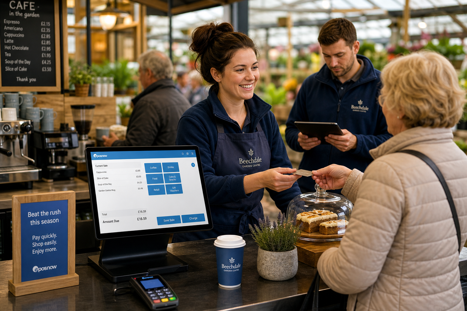 Managing Busy Seasonal Trading Periods with Better EPOS Planning, a photorealistic commercial photography style image of a busy UK garden centre café or independent retail counter during a seasonal rush, with a modern touchscreen EPOS terminal clearly visible on the counter showing a clean blue-accented interface, a staff member serving customers efficiently, a second team member checking a simple sales dashboard on a tablet in the background, tidy counter area, warm natural lighting, shallow depth of field, premium but realistic composition, subtle UK retail atmosphere, professional blue brand accents in the screen and small signage, realistic customer interaction and a sense of controlled busy service, designed as a WordPress featured image for a UK EPOS blog article about preparing for seasonal peaks.