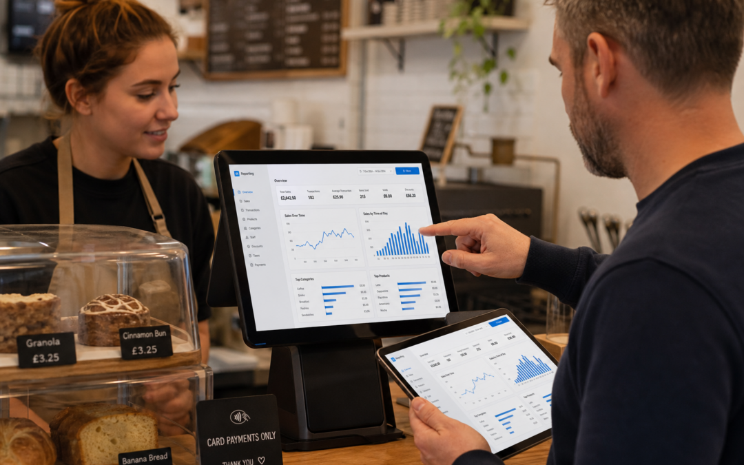 How Better Reporting Helps Small Businesses Make Smarter Day-to-Day Decisions. Photorealistic commercial photography of a warm, modern UK cafe or independent retail counter where a business owner is reviewing EPOS reporting dashboards on a touchscreen till and tablet, with clear sales charts, busy period graphs and category summaries visible on the screen in subtle blue interface accents; a friendly staff member stands nearby, the counter is clean and professional, and the setting feels practical and realistic for an independent UK business. Shallow depth of field, natural lighting, premium but authentic composition, shallow focus on the POS screen and owner's hands, subtle ezeepos-style branding cues without fake logos, suitable as a WordPress featured image for an ezeepos blog article about using reporting to make smarter day-to-day decisions.
