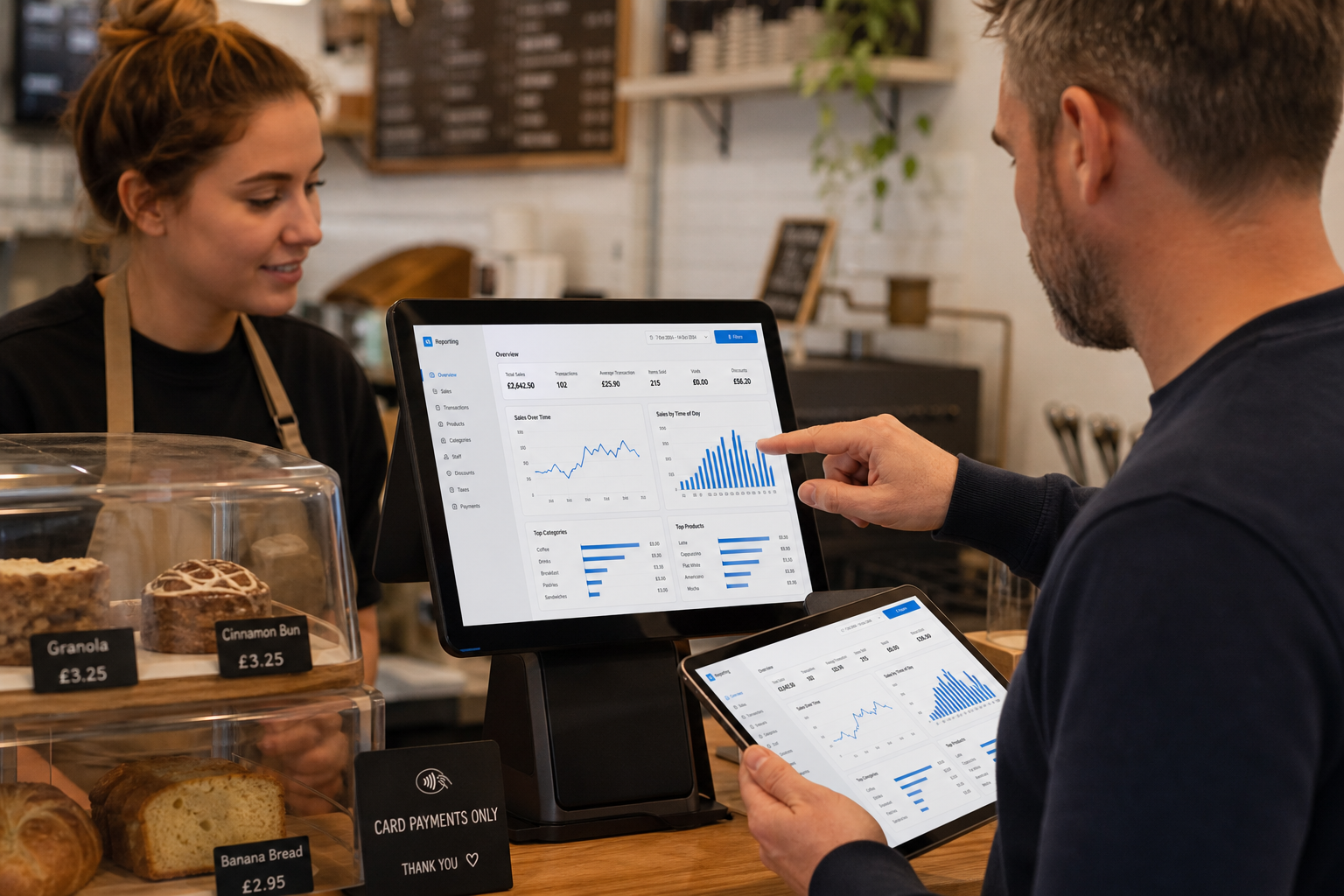 How Better Reporting Helps Small Businesses Make Smarter Day-to-Day Decisions. Photorealistic commercial photography of a warm, modern UK cafe or independent retail counter where a business owner is reviewing EPOS reporting dashboards on a touchscreen till and tablet, with clear sales charts, busy period graphs and category summaries visible on the screen in subtle blue interface accents; a friendly staff member stands nearby, the counter is clean and professional, and the setting feels practical and realistic for an independent UK business. Shallow depth of field, natural lighting, premium but authentic composition, shallow focus on the POS screen and owner's hands, subtle ezeepos-style branding cues without fake logos, suitable as a WordPress featured image for an ezeepos blog article about using reporting to make smarter day-to-day decisions.