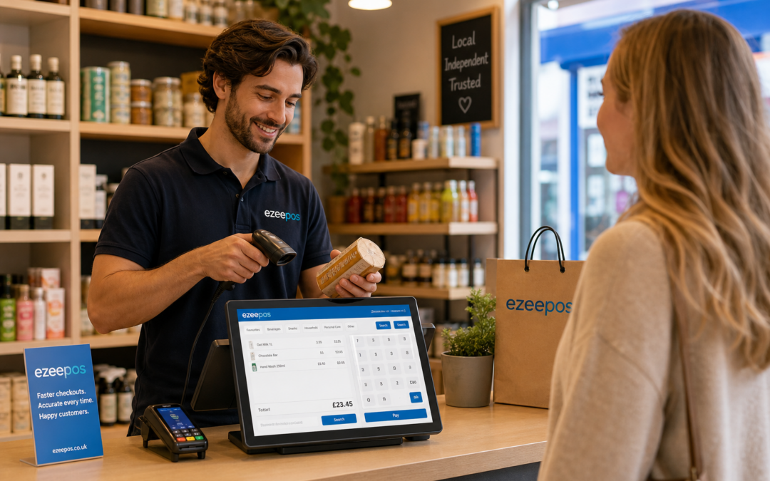 Barcode scanning for faster retail checkouts, a photorealistic commercial marketing image showing a modern UK independent retail shop counter with a friendly staff member scanning a product barcode at an eZeePOS-style touchscreen till, a barcode scanner beside the terminal, neatly displayed retail products in the background, and a customer waiting calmly at the counter, warm natural lighting, shallow depth of field, clean uncluttered counter area, subtle blue brand accents on the screen interface and small signage, premium realistic composition, professional website hero image for ezeepos, clearly focused on checkout speed and accurate item entry in a busy but organised shop environment, shot like high-end editorial photography