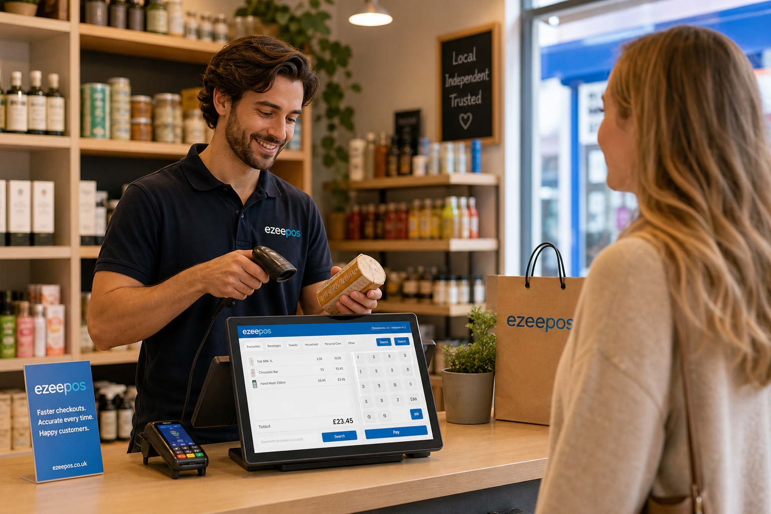 Barcode scanning for faster retail checkouts, a photorealistic commercial marketing image showing a modern UK independent retail shop counter with a friendly staff member scanning a product barcode at an eZeePOS-style touchscreen till, a barcode scanner beside the terminal, neatly displayed retail products in the background, and a customer waiting calmly at the counter, warm natural lighting, shallow depth of field, clean uncluttered counter area, subtle blue brand accents on the screen interface and small signage, premium realistic composition, professional website hero image for ezeepos, clearly focused on checkout speed and accurate item entry in a busy but organised shop environment, shot like high-end editorial photography