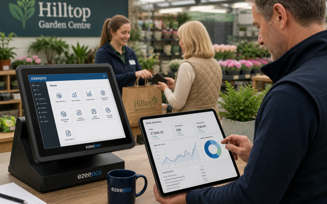 How ePOS Reporting Helps Garden Centres Make Better Day-to-Day Decisions, photorealistic commercial photography style image of a UK garden centre checkout and office counter with a modern touchscreen EPOS system and tablet showing clear sales reporting charts, a garden centre owner reviewing daily trading data while a staff member serves a customer nearby, plants and seasonal products softly visible in the background, warm natural lighting, shallow depth of field, clean counter area, subtle blue brand accents on the screen interface, realistic premium workplace environment, professional blog hero image for ezeepos, focused on reporting and decision-making rather than generic stock business imagery.