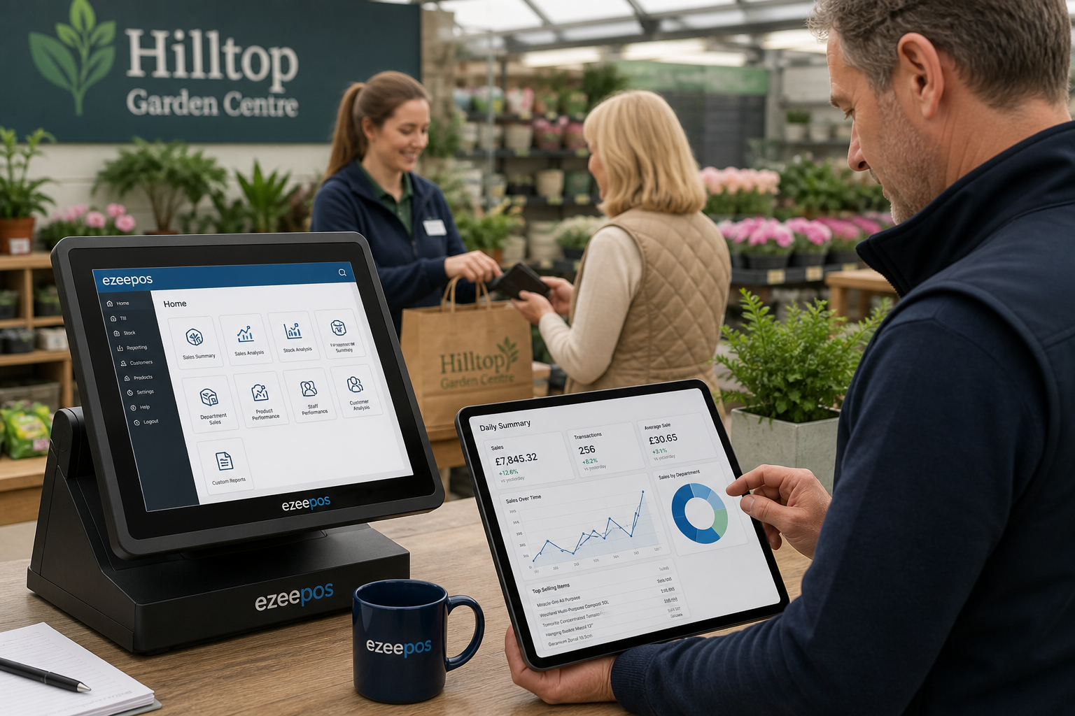How ePOS Reporting Helps Garden Centres Make Better Day-to-Day Decisions, photorealistic commercial photography style image of a UK garden centre checkout and office counter with a modern touchscreen EPOS system and tablet showing clear sales reporting charts, a garden centre owner reviewing daily trading data while a staff member serves a customer nearby, plants and seasonal products softly visible in the background, warm natural lighting, shallow depth of field, clean counter area, subtle blue brand accents on the screen interface, realistic premium workplace environment, professional blog hero image for ezeepos, focused on reporting and decision-making rather than generic stock business imagery.