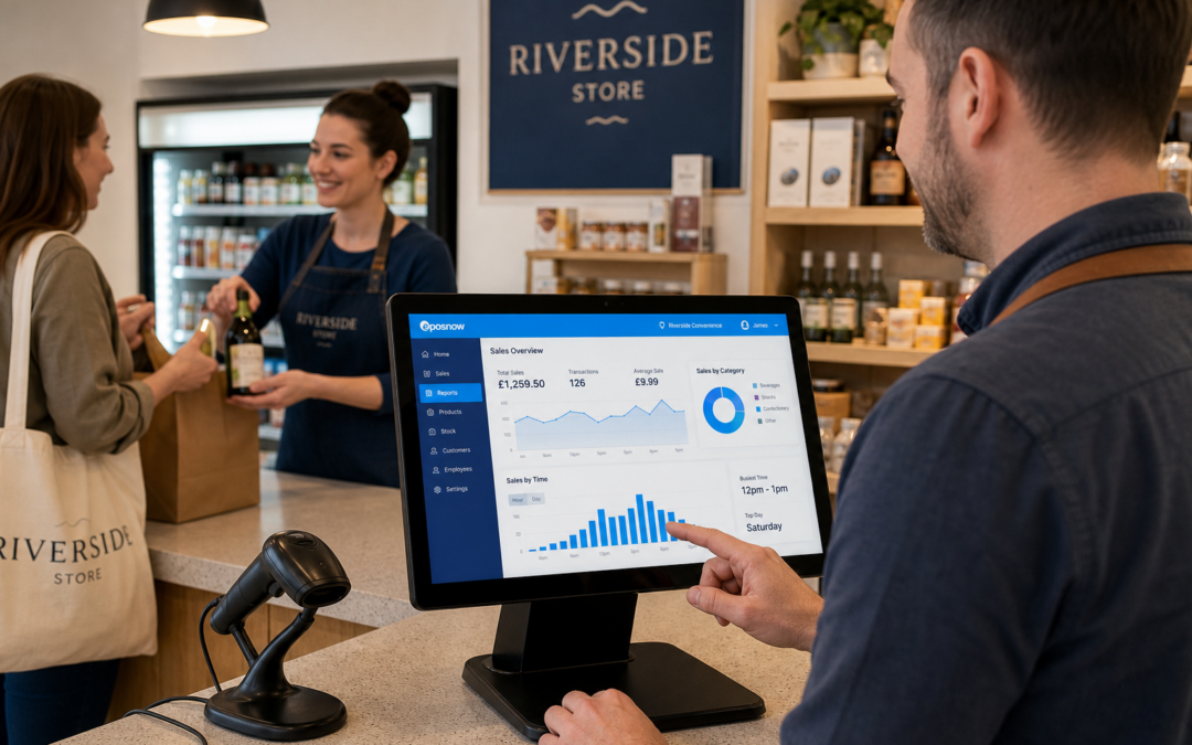 How ePOS Reporting Helps Small Shops Make Better Day-to-Day Decisions - a photorealistic commercial photography style image of a modern independent UK shop counter with a small business owner reviewing clear sales reporting charts on an ePOS touchscreen terminal while a staff member serves a customer nearby, showing a tidy retail environment with subtle blue brand accents on the screen, a tablet-style dashboard with simple graphs and busy-time insights, a barcode scanner resting beside the till, warm natural lighting, shallow depth of field, premium realistic composition, professional yet approachable mood, clean counter area, realistic product displays in the background, designed as a WordPress featured image for a UK EPOS blog.