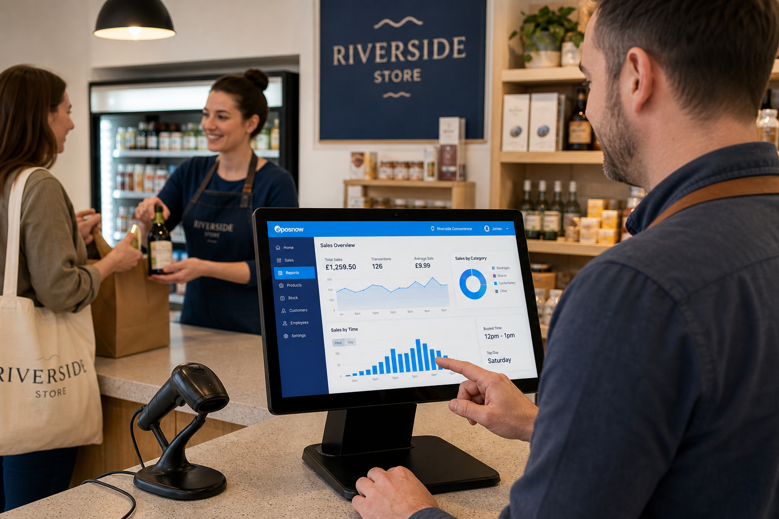 How ePOS Reporting Helps Small Shops Make Better Day-to-Day Decisions - a photorealistic commercial photography style image of a modern independent UK shop counter with a small business owner reviewing clear sales reporting charts on an ePOS touchscreen terminal while a staff member serves a customer nearby, showing a tidy retail environment with subtle blue brand accents on the screen, a tablet-style dashboard with simple graphs and busy-time insights, a barcode scanner resting beside the till, warm natural lighting, shallow depth of field, premium realistic composition, professional yet approachable mood, clean counter area, realistic product displays in the background, designed as a WordPress featured image for a UK EPOS blog.