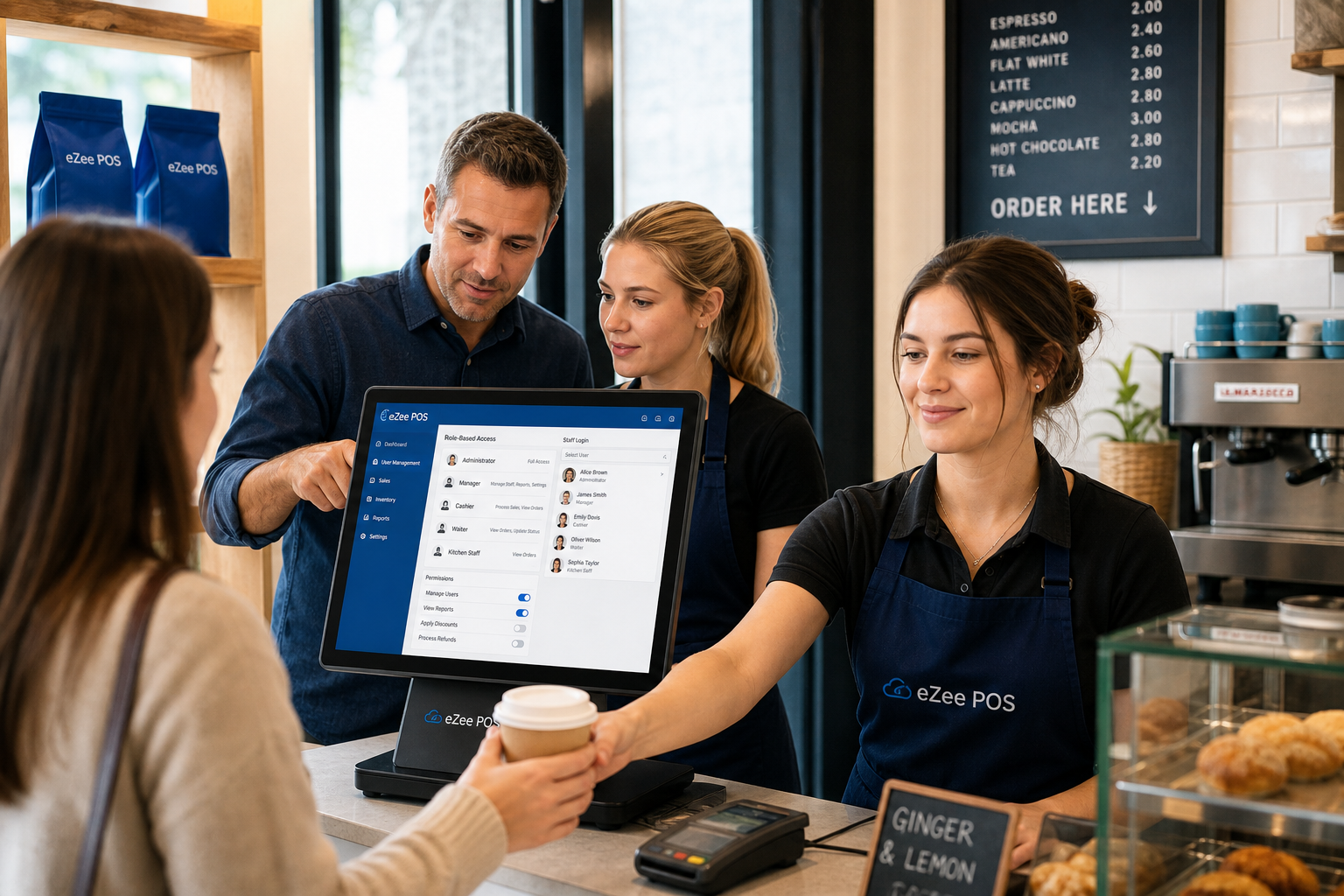 Why Staff Permissions Matter in a Growing Retail or Hospitality EPOS. Photorealistic commercial photography of a modern UK café or independent shop counter during a busy shift, with a manager and a staff member reviewing an eZeePOS-style touchscreen till screen showing role-based user access, staff login options and simple permissions settings, while one employee serves a customer in the foreground. Warm natural lighting, shallow depth of field, clean counter area, subtle blue brand accents on the interface and uniforms, realistic POS terminal clearly visible, professional friendly atmosphere, premium but authentic UK business setting, focused on the technology supporting smoother service and better control, suitable as a WordPress featured image.