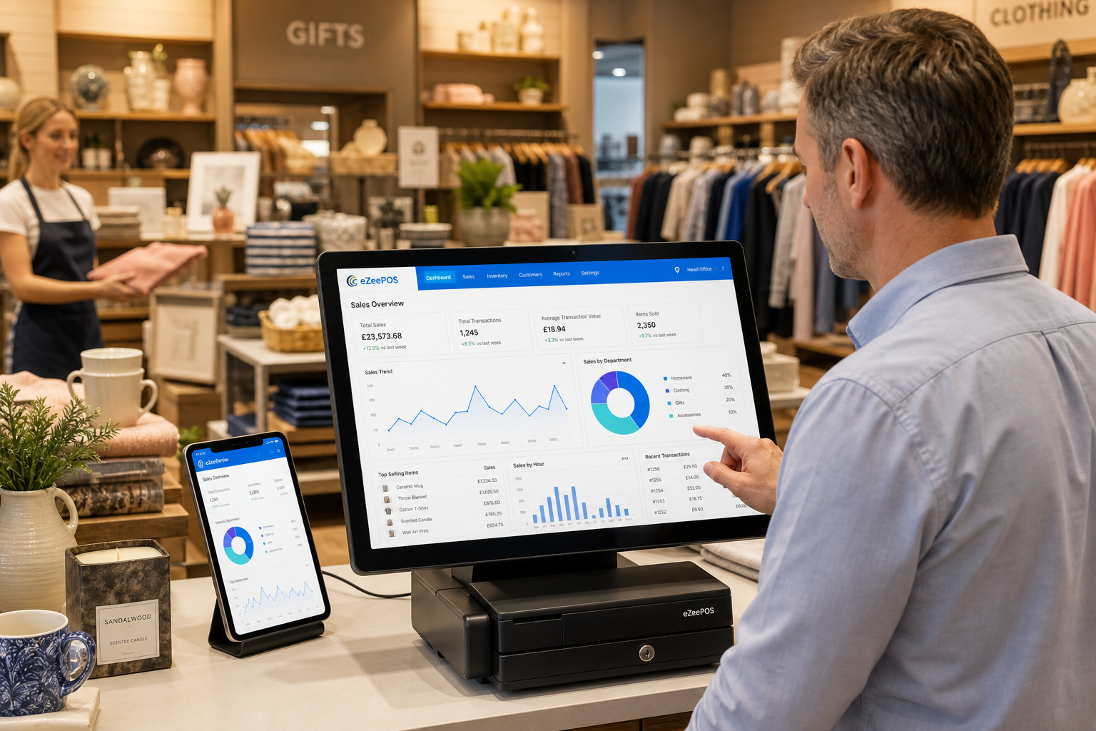 How Better Reporting Helps Multi-Department Retailers Make Smarter Decisions, a realistic photorealistic commercial photography style image of a UK multi-department retail store counter with a business owner reviewing clear sales charts and department performance dashboards on an eZeePOS-style touchscreen POS terminal and tablet, subtle blue brand accents on the screen interface, nearby retail products from different departments such as gifts, homeware and clothing neatly arranged, a friendly staff member in the background, warm natural lighting, shallow depth of field, premium but realistic composition, clean counter area, modern professional UK business environment, the technology and reporting dashboard as the clear focus, suitable for a WordPress featured image for a retail EPOS blog