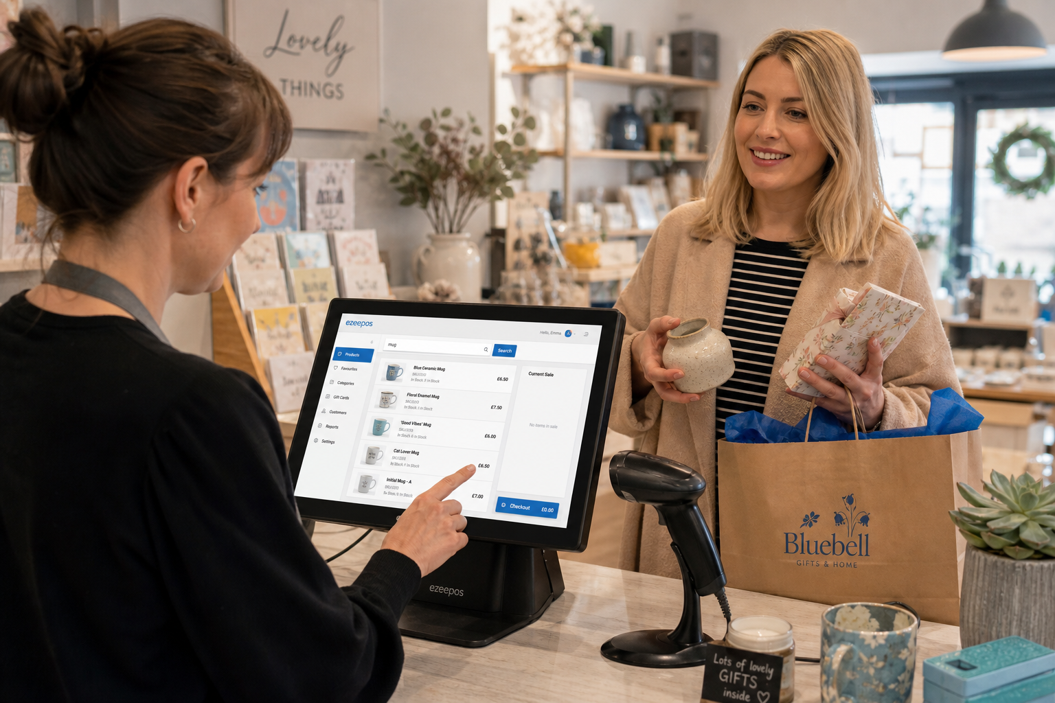 Why Product Lookup Matters for Busy Gift Shop Checkouts, a photorealistic commercial photography style hero image showing a warm, modern UK gift shop counter during a busy afternoon, with a friendly staff member using a sleek ezeepos-style touchscreen POS terminal to quickly search for products while serving a customer holding a few gift items and a shopping bag, a barcode scanner and neatly arranged seasonal gifts, greeting cards and small homeware items visible on the clean counter, subtle blue brand accents on the screen interface and small shop details, realistic shallow depth of field, natural lighting, premium but authentic composition, clear focus on the technology and the smooth checkout experience, suitable as a WordPress featured image for an ezeepos blog article about reducing delays and improving product lookup in gift shops.