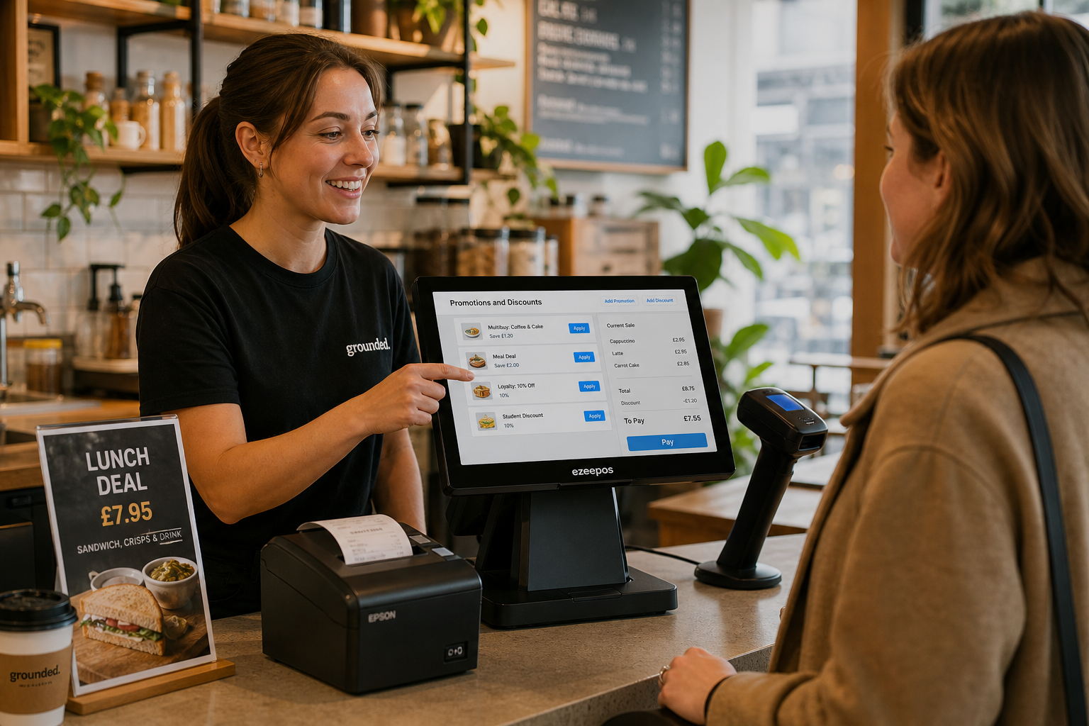 Promotions and Discounts in EPOS: A Smarter Way to Run Offers at the Till - photorealistic commercial photography style in a warm, modern UK café or independent retail shop with a clean counter area, a friendly staff member serving a customer while using a sleek ezeepos-style touchscreen POS terminal that clearly shows a promotions and discounts screen with simple blue brand accents, a barcode scanner and receipt printer nearby, subtle signage or menu cards highlighting a multibuy or meal deal offer, natural daylight, shallow depth of field, premium realistic composition, professional marketing hero image for a WordPress blog, technology and till workflow as the clear focus, authentic British business setting, calm but busy atmosphere, clean and contemporary, subtle blue interface details, realistic customer interaction, no exaggerated futuristic elements