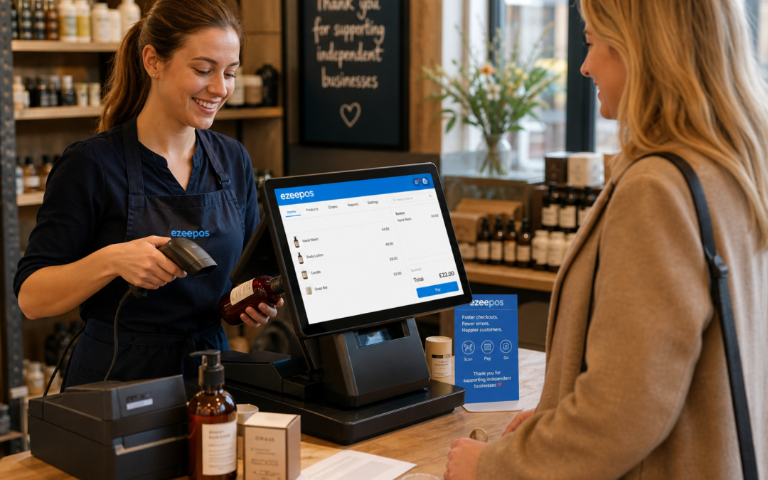 Barcode Scanning for Faster Retail Checkouts in UK Shops: a photorealistic commercial photography style image of an independent UK retail checkout counter in a warm, modern shop interior, with a staff member using a barcode scanner beside a smart touchscreen EPOS terminal while serving a customer, product labels and small retail items neatly arranged on the counter, subtle blue brand accents visible on the POS screen interface and countertop signage, shallow depth of field, natural lighting, premium but realistic composition, clean and uncluttered till area, friendly customer interaction, technology clearly central to the scene, professional blog hero image suitable for ezeepos, realistic details that reflect faster checkout, fewer errors and smooth service in a busy shop environment