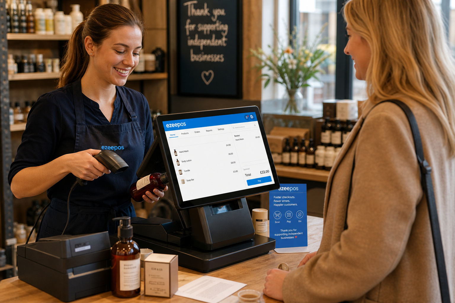 Barcode Scanning for Faster Retail Checkouts in UK Shops: a photorealistic commercial photography style image of an independent UK retail checkout counter in a warm, modern shop interior, with a staff member using a barcode scanner beside a smart touchscreen EPOS terminal while serving a customer, product labels and small retail items neatly arranged on the counter, subtle blue brand accents visible on the POS screen interface and countertop signage, shallow depth of field, natural lighting, premium but realistic composition, clean and uncluttered till area, friendly customer interaction, technology clearly central to the scene, professional blog hero image suitable for ezeepos, realistic details that reflect faster checkout, fewer errors and smooth service in a busy shop environment