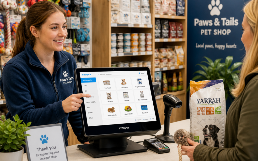 How Product Lookup Helps Independent Pet Shops Serve Customers Faster - Photorealistic commercial photography style image for a UK independent pet shop, showing a friendly staff member at a clean modern counter using an ezeepos-style touchscreen POS terminal to quickly search for a customer’s pet food and accessories, with clear product categories visible on the screen, barcode scanner nearby, neatly displayed pet products in the background, a customer waiting politely with a bag of dog food and a pet toy, warm natural lighting, shallow depth of field, subtle blue brand accents on the interface and signage, professional retail environment, premium but realistic composition, technology clearly the focus, suitable as a WordPress featured image for a blog about faster product lookup and smoother checkout service.