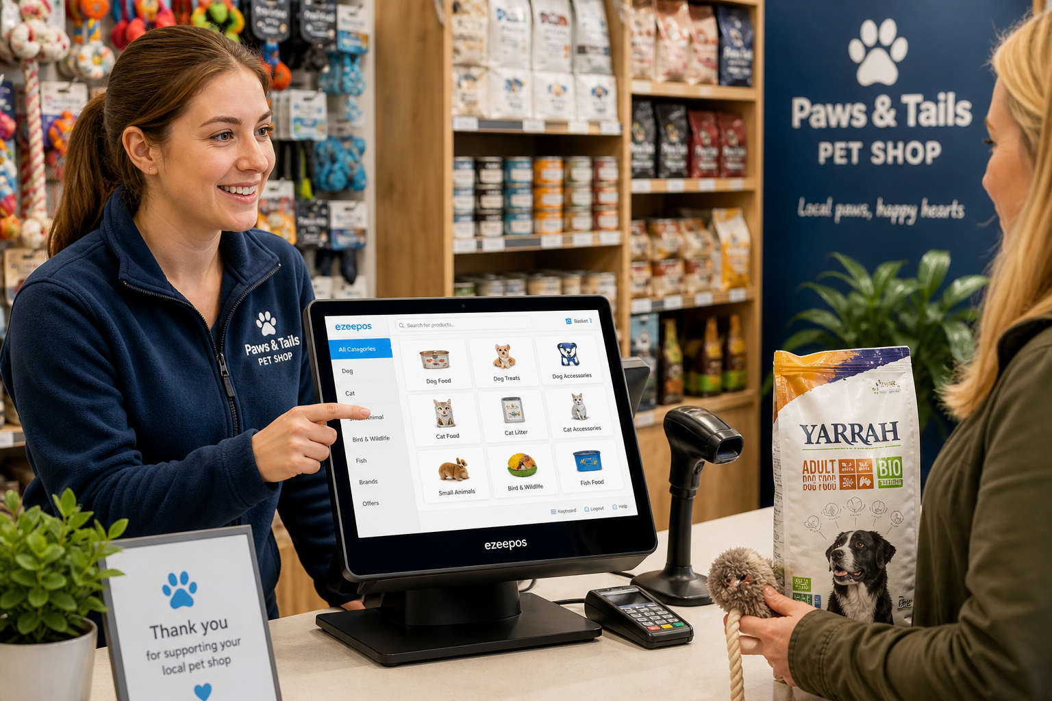 How Product Lookup Helps Independent Pet Shops Serve Customers Faster - Photorealistic commercial photography style image for a UK independent pet shop, showing a friendly staff member at a clean modern counter using an ezeepos-style touchscreen POS terminal to quickly search for a customer’s pet food and accessories, with clear product categories visible on the screen, barcode scanner nearby, neatly displayed pet products in the background, a customer waiting politely with a bag of dog food and a pet toy, warm natural lighting, shallow depth of field, subtle blue brand accents on the interface and signage, professional retail environment, premium but realistic composition, technology clearly the focus, suitable as a WordPress featured image for a blog about faster product lookup and smoother checkout service.