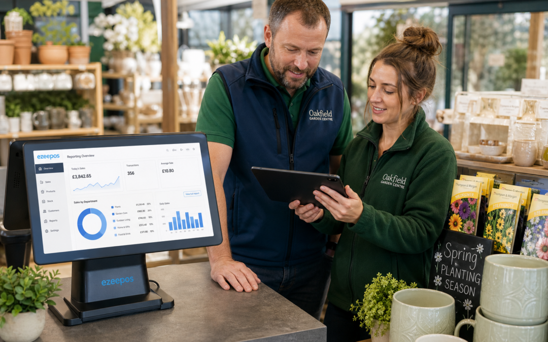How ePOS Reporting Helps Garden Centres Make Better Day-to-Day Decisions - Photorealistic commercial photography style hero image in a modern UK garden centre, showing a business owner and a staff member reviewing clear EPOS sales reports on a touchscreen till and tablet at a tidy counter beside plants, seeds and seasonal homeware. The screen should display simple sales charts, department performance and daily figures with subtle blue brand accents, in a warm natural-light setting with shallow depth of field. Include a clean retail counter, friendly professional atmosphere and realistic details that make the POS technology the clear focus of the image, suitable for a premium WordPress featured image for ezeepos.