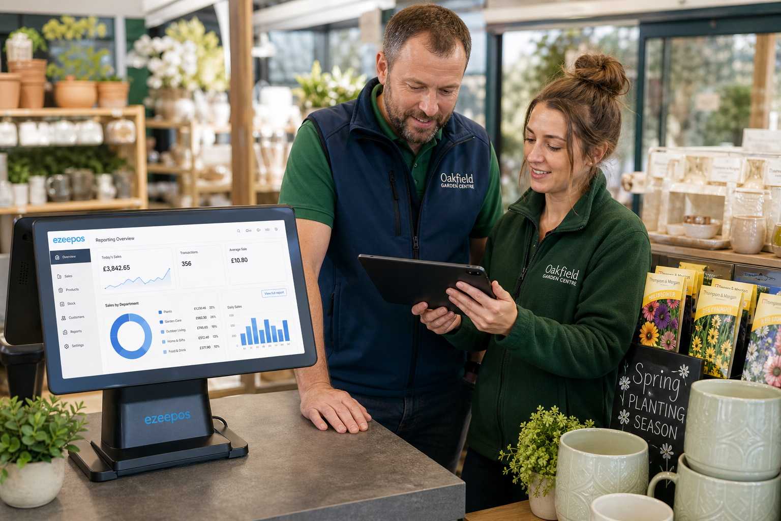 How ePOS Reporting Helps Garden Centres Make Better Day-to-Day Decisions - Photorealistic commercial photography style hero image in a modern UK garden centre, showing a business owner and a staff member reviewing clear EPOS sales reports on a touchscreen till and tablet at a tidy counter beside plants, seeds and seasonal homeware. The screen should display simple sales charts, department performance and daily figures with subtle blue brand accents, in a warm natural-light setting with shallow depth of field. Include a clean retail counter, friendly professional atmosphere and realistic details that make the POS technology the clear focus of the image, suitable for a premium WordPress featured image for ezeepos.