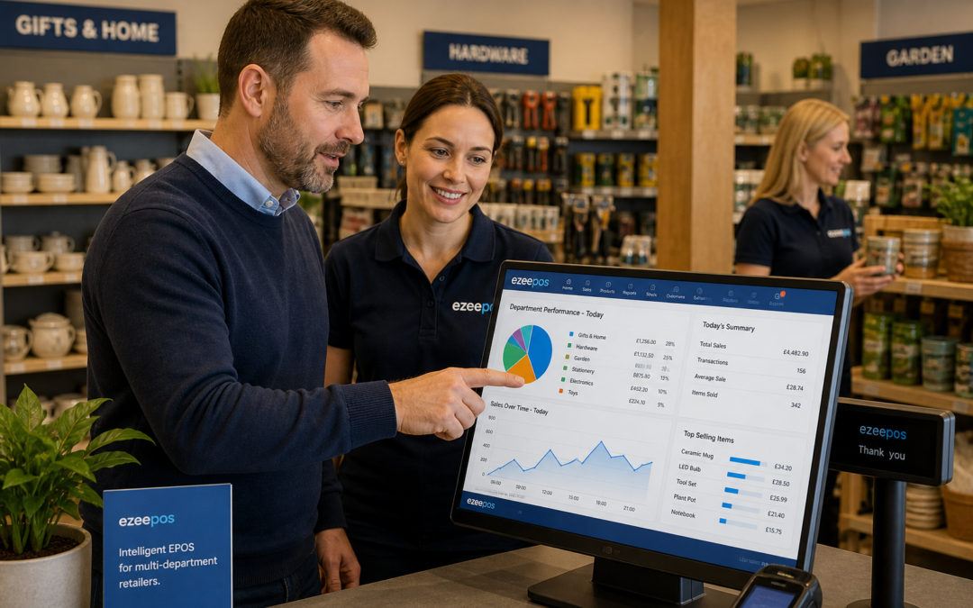 How ePOS Reporting Helps Multi-Department Retailers Make Smarter Day-to-Day Decisions, photorealistic commercial photography in a modern UK multi-department retail shop with a clean counter area, a business owner and staff reviewing sales reports on a touchscreen EPOS terminal showing clear department charts and daily performance graphs, subtle blue brand accents on the screen interface and signage, products from different departments visible in the background such as gifts, homeware and hardware lines, warm natural lighting, shallow depth of field, premium realistic composition, friendly professional atmosphere, technology clearly in focus as the central subject, suitable as a WordPress featured image for ezeepos, no clutter, no exaggerated futuristic elements, realistic British retail environment.