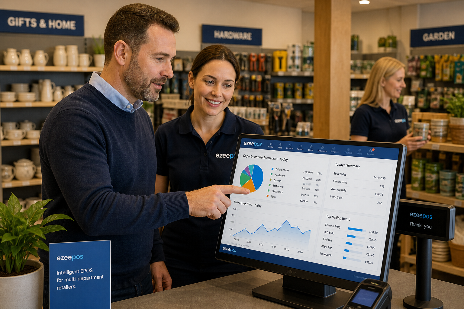 How ePOS Reporting Helps Multi-Department Retailers Make Smarter Day-to-Day Decisions, photorealistic commercial photography in a modern UK multi-department retail shop with a clean counter area, a business owner and staff reviewing sales reports on a touchscreen EPOS terminal showing clear department charts and daily performance graphs, subtle blue brand accents on the screen interface and signage, products from different departments visible in the background such as gifts, homeware and hardware lines, warm natural lighting, shallow depth of field, premium realistic composition, friendly professional atmosphere, technology clearly in focus as the central subject, suitable as a WordPress featured image for ezeepos, no clutter, no exaggerated futuristic elements, realistic British retail environment.