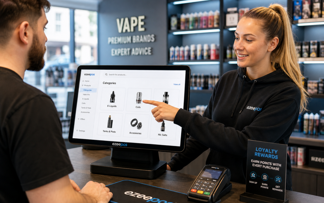 Why Product Lookup Matters for Busy Vape Shop Checkouts - Photorealistic commercial photography style image of a modern UK vape shop counter during a busy daytime shift, with a friendly staff member using a clean touchscreen EPOS terminal to quickly search for e-liquids, coils and vape accessories while serving a customer waiting at the till; the screen should clearly suggest product lookup and category browsing without overcrowding, with subtle blue brand accents in the interface and counter details, neatly arranged vape products in the background, warm natural lighting, shallow depth of field, premium but realistic composition, clean counter area, professional retail environment, realistic technology focused on the checkout process, suitable as a WordPress featured image for an ezeepos blog post.