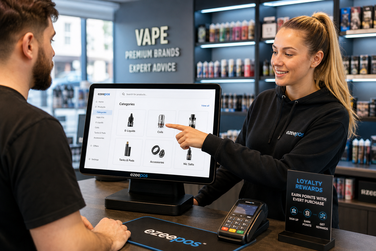 Why Product Lookup Matters for Busy Vape Shop Checkouts - Photorealistic commercial photography style image of a modern UK vape shop counter during a busy daytime shift, with a friendly staff member using a clean touchscreen EPOS terminal to quickly search for e-liquids, coils and vape accessories while serving a customer waiting at the till; the screen should clearly suggest product lookup and category browsing without overcrowding, with subtle blue brand accents in the interface and counter details, neatly arranged vape products in the background, warm natural lighting, shallow depth of field, premium but realistic composition, clean counter area, professional retail environment, realistic technology focused on the checkout process, suitable as a WordPress featured image for an ezeepos blog post.