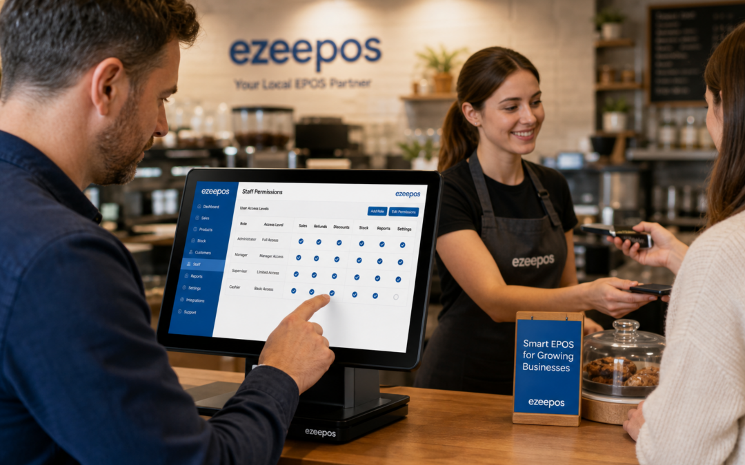 Why Staff Permissions Matter in a Growing Retail or Hospitality EPOS showing a realistic UK café or independent shop counter scene with a modern touchscreen EPOS terminal in the foreground displaying user access levels and role-based menu options, a manager discreetly reviewing permissions on the screen while a cashier serves a customer, warm natural lighting, clean counter area, subtle blue brand accents on the interface and signage, shallow depth of field, photorealistic commercial photography style, premium but realistic composition, professional UK business environment, friendly staff interaction, technology clearly visible as the focus of the image, suitable as a WordPress featured image for ezeepos.