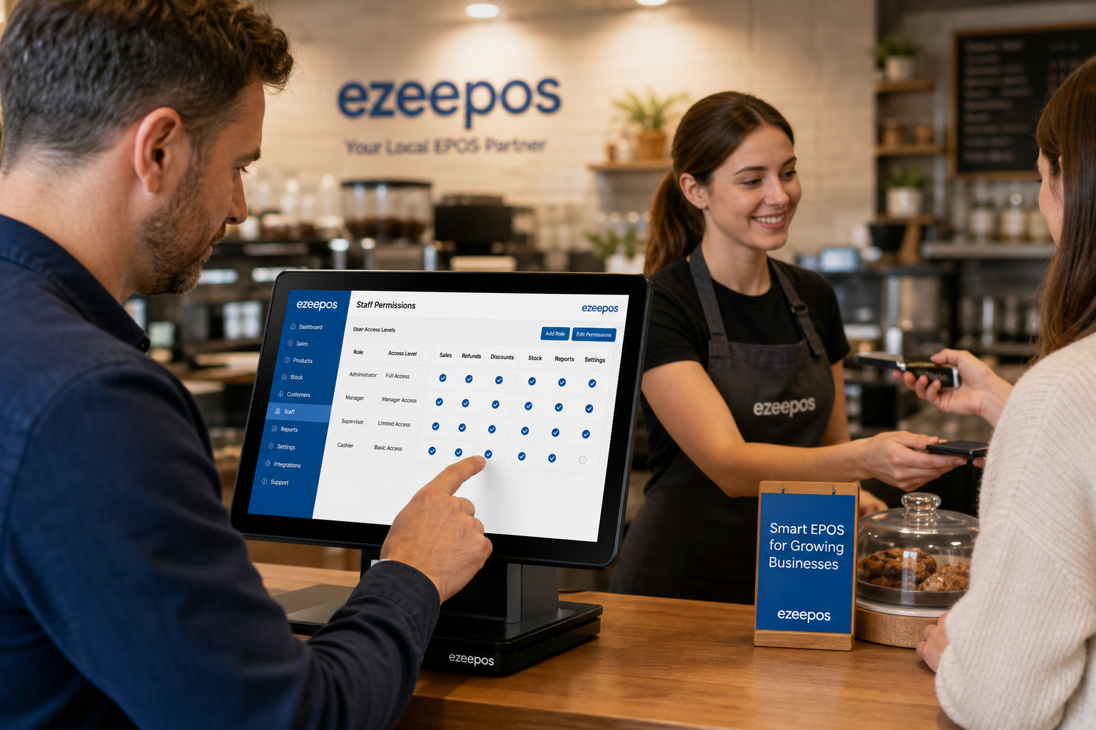 Why Staff Permissions Matter in a Growing Retail or Hospitality EPOS showing a realistic UK café or independent shop counter scene with a modern touchscreen EPOS terminal in the foreground displaying user access levels and role-based menu options, a manager discreetly reviewing permissions on the screen while a cashier serves a customer, warm natural lighting, clean counter area, subtle blue brand accents on the interface and signage, shallow depth of field, photorealistic commercial photography style, premium but realistic composition, professional UK business environment, friendly staff interaction, technology clearly visible as the focus of the image, suitable as a WordPress featured image for ezeepos.
