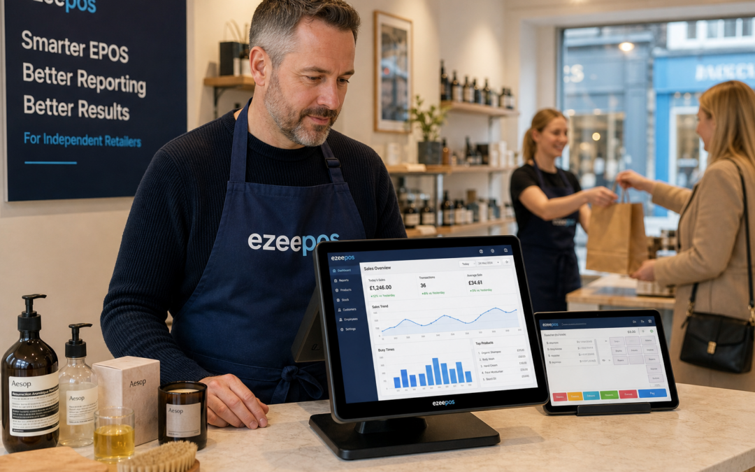 How EPOS Reporting Helps Small Shops Plan Better Day-to-Day Trading, photorealistic commercial photography style showing a UK independent retail shop owner standing behind a clean modern counter reviewing sales charts on an EPOS touchscreen terminal with a tablet beside it, subtle blue brand accents on the interface and signage, a small selection of retail products neatly arranged in the foreground, a friendly staff member serving a customer in the background, warm natural lighting, shallow depth of field, professional and realistic British high street shop environment, the screen clearly showing simple reporting graphs and busy-time data, premium but authentic composition designed as a WordPress featured image for ezeepos