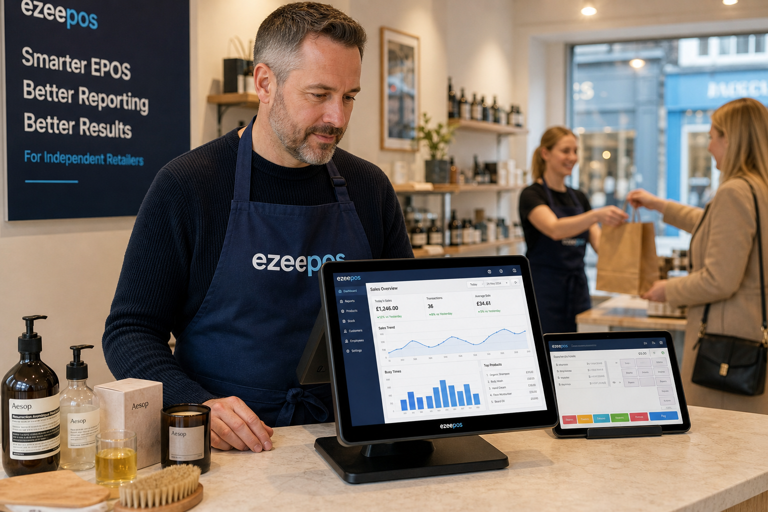 How EPOS Reporting Helps Small Shops Plan Better Day-to-Day Trading, photorealistic commercial photography style showing a UK independent retail shop owner standing behind a clean modern counter reviewing sales charts on an EPOS touchscreen terminal with a tablet beside it, subtle blue brand accents on the interface and signage, a small selection of retail products neatly arranged in the foreground, a friendly staff member serving a customer in the background, warm natural lighting, shallow depth of field, professional and realistic British high street shop environment, the screen clearly showing simple reporting graphs and busy-time data, premium but authentic composition designed as a WordPress featured image for ezeepos