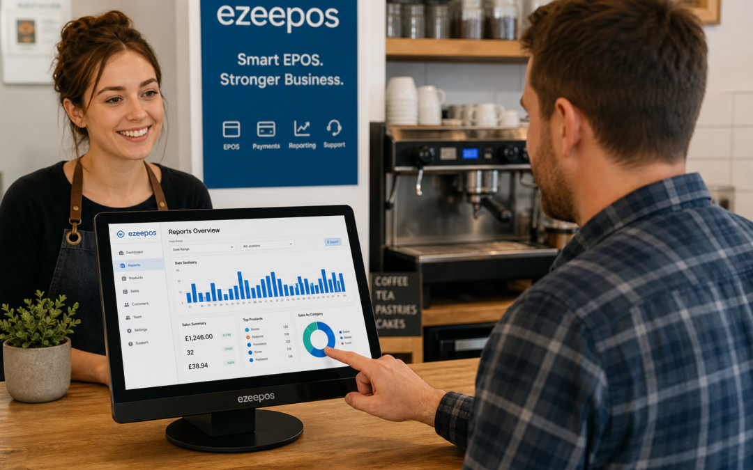 How Better Reporting Helps Small Businesses Make Smarter Day-to-Day Decisions, photorealistic commercial photography of a UK café or independent retail counter where a business owner is reviewing EPOS reporting charts on a touchscreen POS terminal or tablet, with clear sales graphs and daily summaries visible on screen, a friendly staff member nearby, clean modern counter area, subtle blue brand accents in the interface and signage, warm natural light, shallow depth of field, premium realistic composition, professional blog hero image for ezeepos, technology clearly the focus, suitable for a WordPress featured image, modern UK business environment, realistic details, clean and organised workspace, calm confident mood