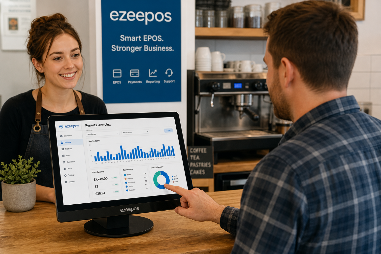 How Better Reporting Helps Small Businesses Make Smarter Day-to-Day Decisions, photorealistic commercial photography of a UK café or independent retail counter where a business owner is reviewing EPOS reporting charts on a touchscreen POS terminal or tablet, with clear sales graphs and daily summaries visible on screen, a friendly staff member nearby, clean modern counter area, subtle blue brand accents in the interface and signage, warm natural light, shallow depth of field, premium realistic composition, professional blog hero image for ezeepos, technology clearly the focus, suitable for a WordPress featured image, modern UK business environment, realistic details, clean and organised workspace, calm confident mood