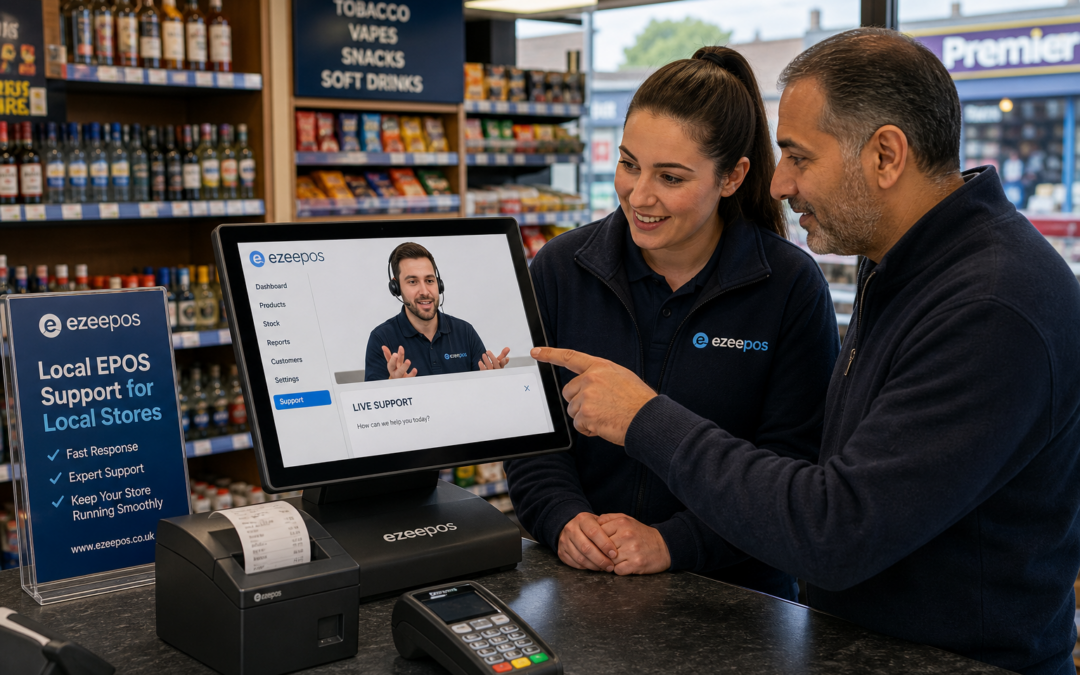 Why Local EPOS Support Still Matters for Convenience Stores A photorealistic commercial photography style image of an independent UK convenience store checkout counter during a busy period, with a friendly staff member and store owner looking at a modern touchscreen EPOS terminal while a support specialist appears on-screen or beside them explaining the system, clean counter area, receipt printer and card terminal visible, shelves of everyday goods softly blurred in the background, warm natural lighting, shallow depth of field, subtle blue brand accents on the interface and signage, professional realistic composition, premium but authentic retail environment, technology clearly the focus, suitable as a WordPress featured image for ezeepos.