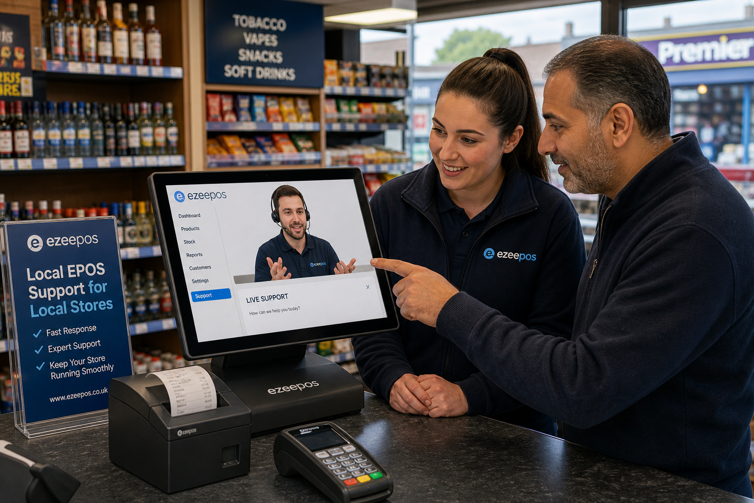Why Local EPOS Support Still Matters for Convenience Stores A photorealistic commercial photography style image of an independent UK convenience store checkout counter during a busy period, with a friendly staff member and store owner looking at a modern touchscreen EPOS terminal while a support specialist appears on-screen or beside them explaining the system, clean counter area, receipt printer and card terminal visible, shelves of everyday goods softly blurred in the background, warm natural lighting, shallow depth of field, subtle blue brand accents on the interface and signage, professional realistic composition, premium but authentic retail environment, technology clearly the focus, suitable as a WordPress featured image for ezeepos.