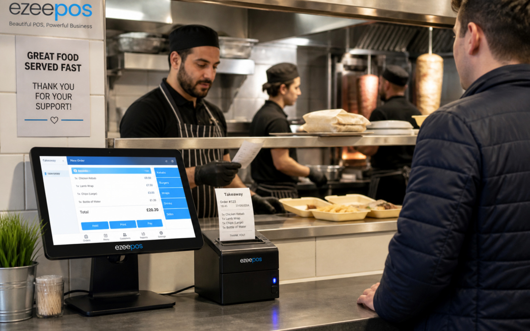 Kitchen Printing for Busy Takeaways: Why Order Accuracy Matters - Photorealistic commercial photography style image of a busy UK takeaway counter and kitchen pass during an evening rush, with a modern touchscreen POS terminal on the counter sending a clear printed order ticket to a compact kitchen printer, staff in clean uniforms checking the ticket and preparing food, a customer waiting at the counter in the foreground, subtle blue brand accents on the POS screen and interface, warm natural indoor lighting, shallow depth of field, clean counter area, professional realistic composition, the technology and order flow clearly visible as the focus, premium but authentic UK food business environment, suitable as a WordPress featured image for ezeepos.