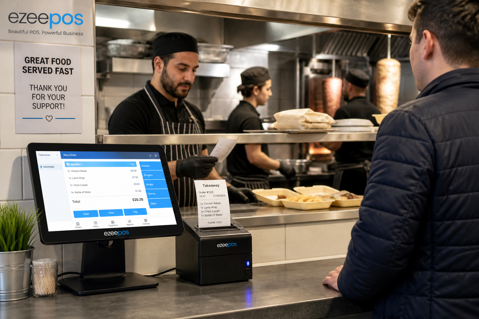 Kitchen Printing for Busy Takeaways: Why Order Accuracy Matters - Photorealistic commercial photography style image of a busy UK takeaway counter and kitchen pass during an evening rush, with a modern touchscreen POS terminal on the counter sending a clear printed order ticket to a compact kitchen printer, staff in clean uniforms checking the ticket and preparing food, a customer waiting at the counter in the foreground, subtle blue brand accents on the POS screen and interface, warm natural indoor lighting, shallow depth of field, clean counter area, professional realistic composition, the technology and order flow clearly visible as the focus, premium but authentic UK food business environment, suitable as a WordPress featured image for ezeepos.